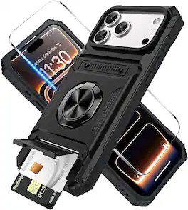 Gravity Ridge - for iPhone 17 Pro Max Wallet Case with Card Holder 360°Ring Kickstand Military Grade Drop Shockproof Rugged Case - Black