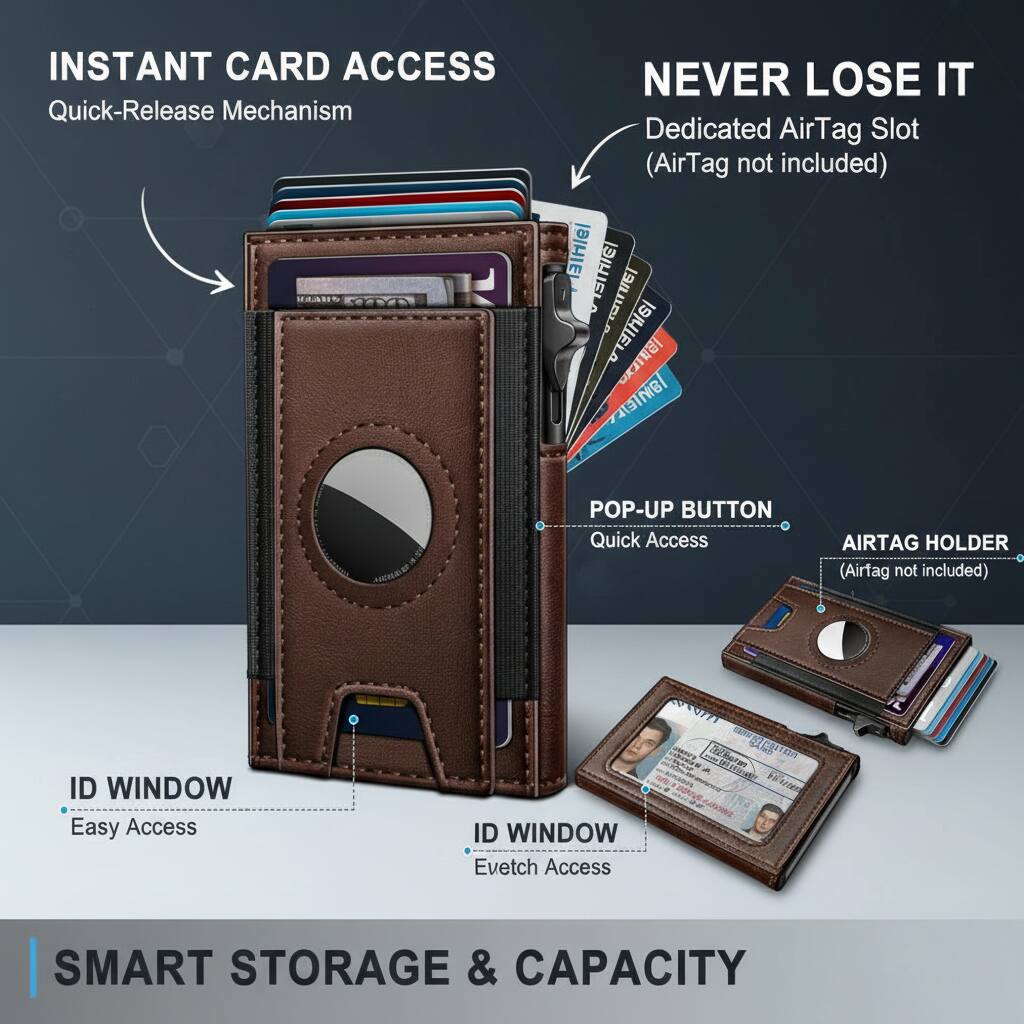 INSTANT CARD ACCESS  
Quick-Release Mechanism  

NEVER LOSE IT  
Dedicated AirTag Slot (AirTag not included)  

POP-UP BUTTON  
Quick Access  

ID WINDOW  
Easy Access  

ID WINDOW  
Even Access  

SMART STORAGE & CAPACITY