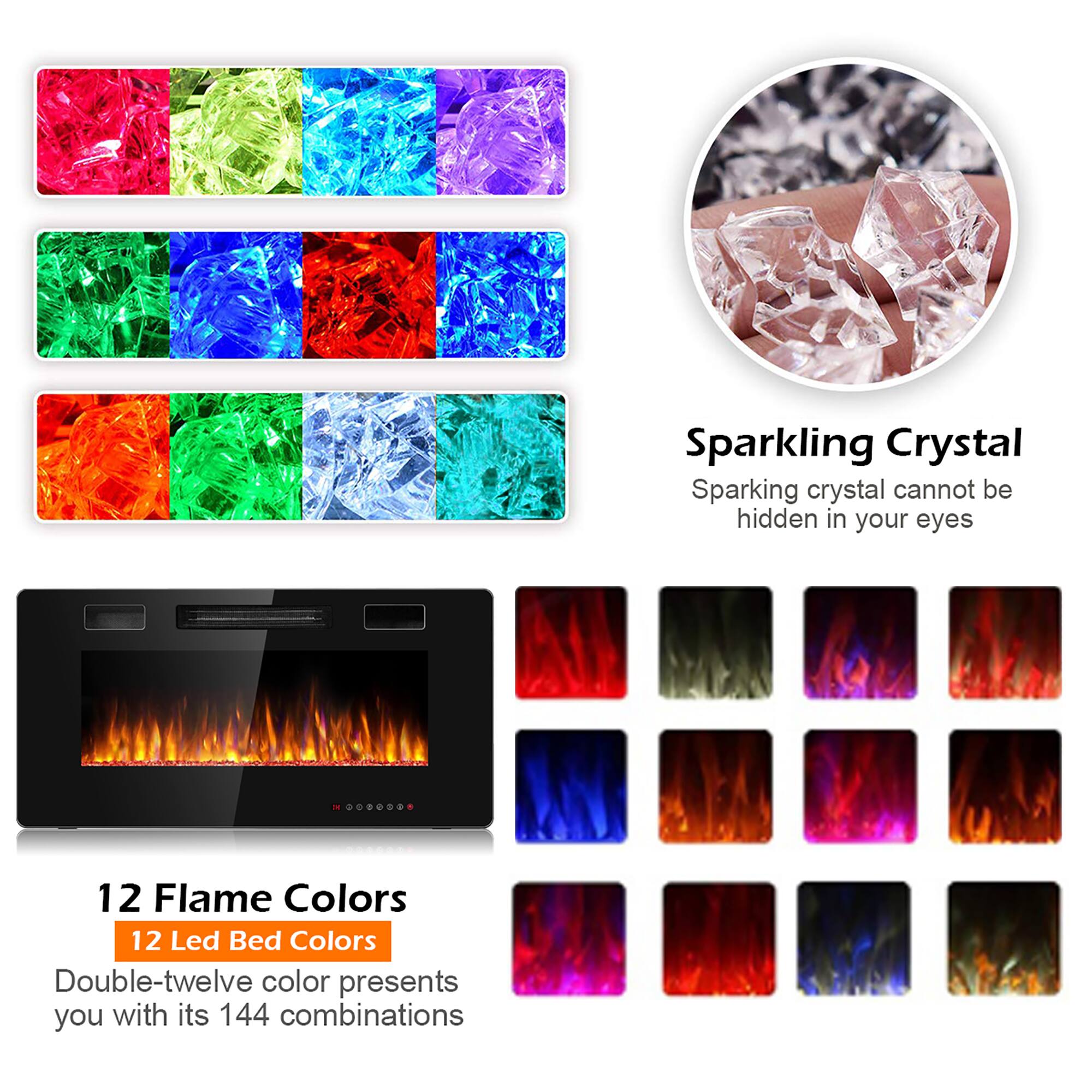 Sparkling Crystal  
Sparkling crystal cannot be hidden in your eyes  

12 Flame Colors  
12 Led Bed Colors  
Double-twelve color presents you with its 144 combinations