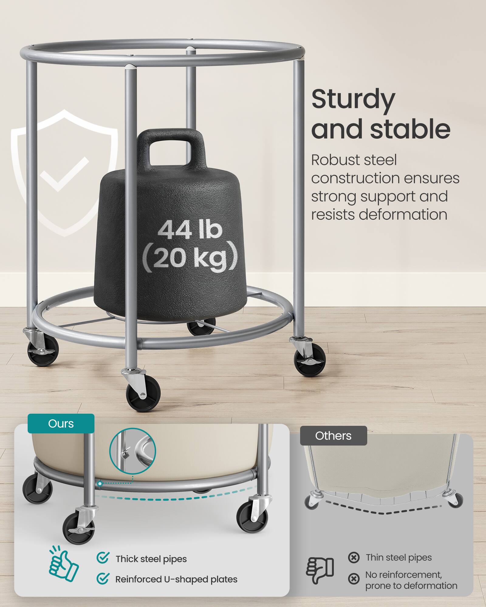 44 lb (20 kg)

Sturdy and stable
Robust steel construction ensures strong support and resists deformation

Ours
- Thick steel pipes
- Reinforced U-shaped plates

Others
- Thin steel pipes
- No reinforcement, prone to deformation