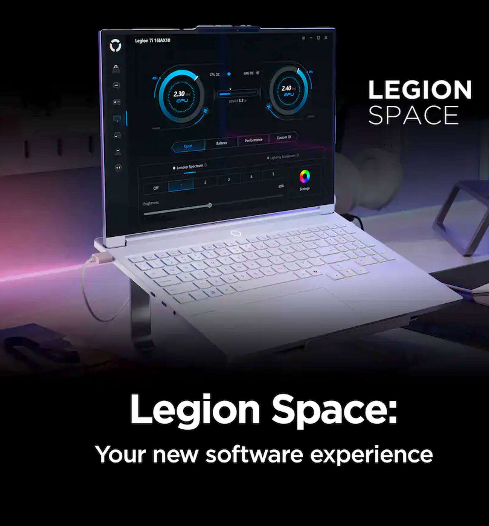 Legion 75 1RAX10 x ONXC GRUOC 2.40 2.30 BP CPU LESUNO Caltuom D Mdomance falomor Quirt Smo a ogleing Lenovo Specium I a 3 a 1 5 S LEGION SPACE Srglmes % & - S + - - S + - - - % S - - & " - Legion Space: Your new software experience