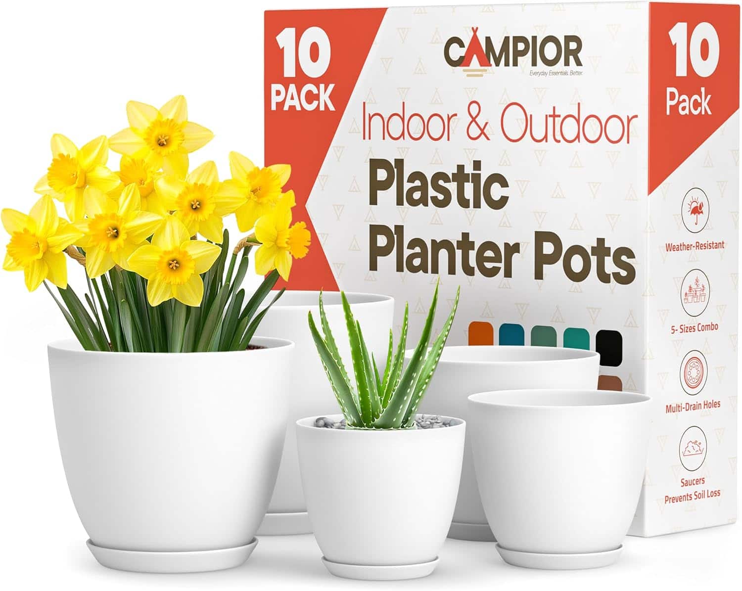 Campior - Plastic Plant Pots Set of 10 – Stackable, Durable, with Drainage, for Indoor & Outdoor Use - White