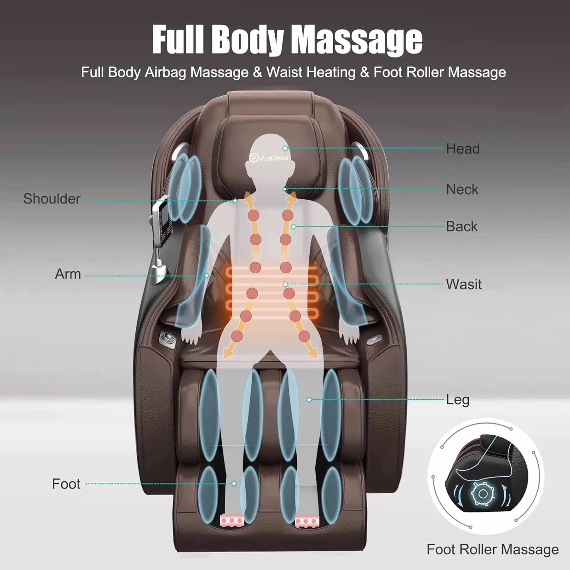 Full Body Massage  
Full Body Airbag Massage & Waist Heating & Foot Roller Massage  

- Head
- Neck
- Back
- Waist
- Leg
- Foot
- Shoulder
- Arm