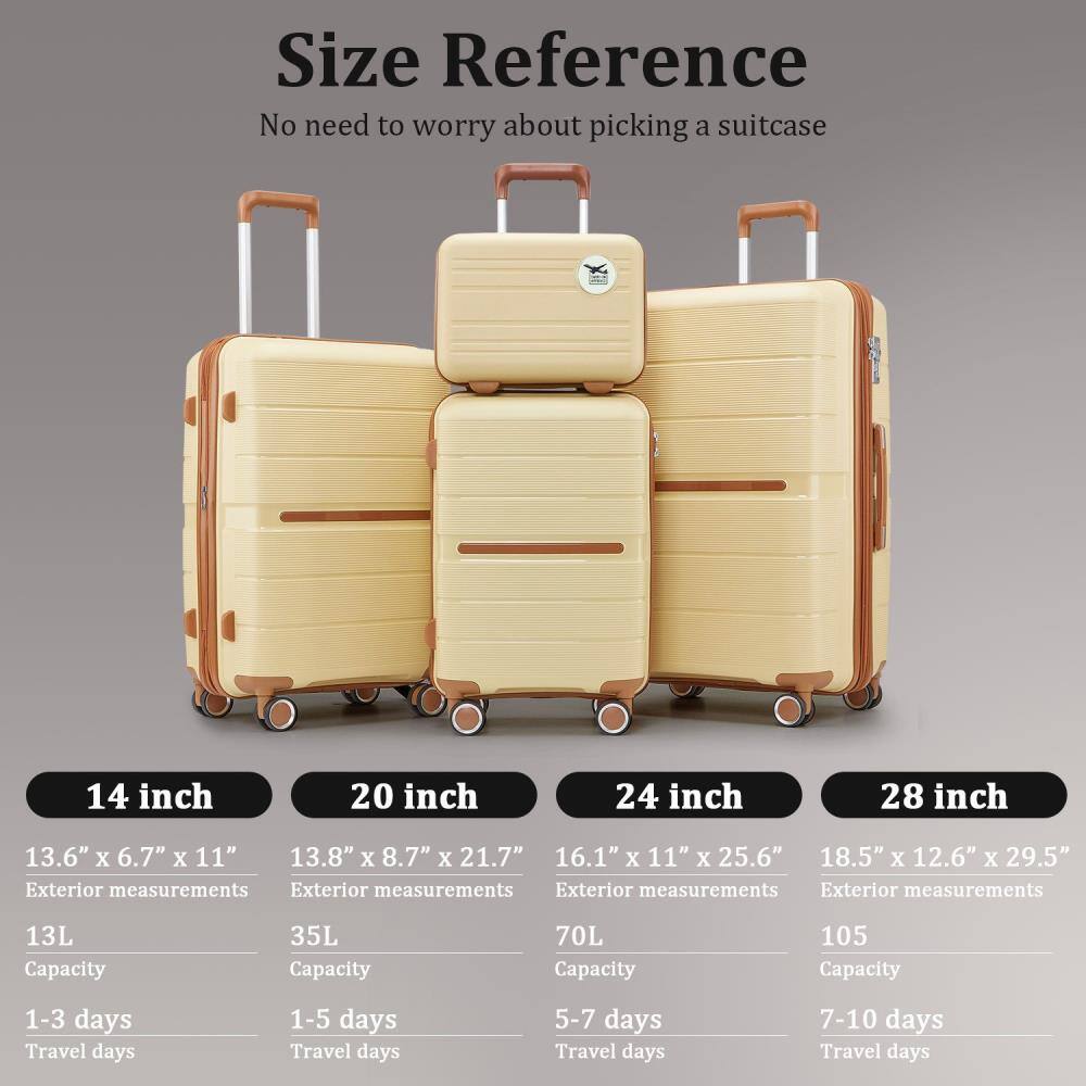 **Size Reference**  
No need to worry about picking a suitcase

- **14 inch**  
  - Exterior measurements: 13.6" x 6.7" x 11"  
  - Capacity: 13L  
  - Travel days: 1-3 days

- **20 inch**  
  - Exterior measurements: 13.8" x 8.7" x 21.7"  
  - Capacity: 35L  
  - Travel days: 1-5 days

- **24 inch**  
  - Exterior measurements: 16.1" x 11" x 25.6"  
  - Capacity: 70L  
  - Travel days: 5-7 days

- **28 inch**  
  - Exterior measurements: 18.5" x 12.6" x 29.5"  
  - Capacity: 105L  
  - Travel days: 7-10 days