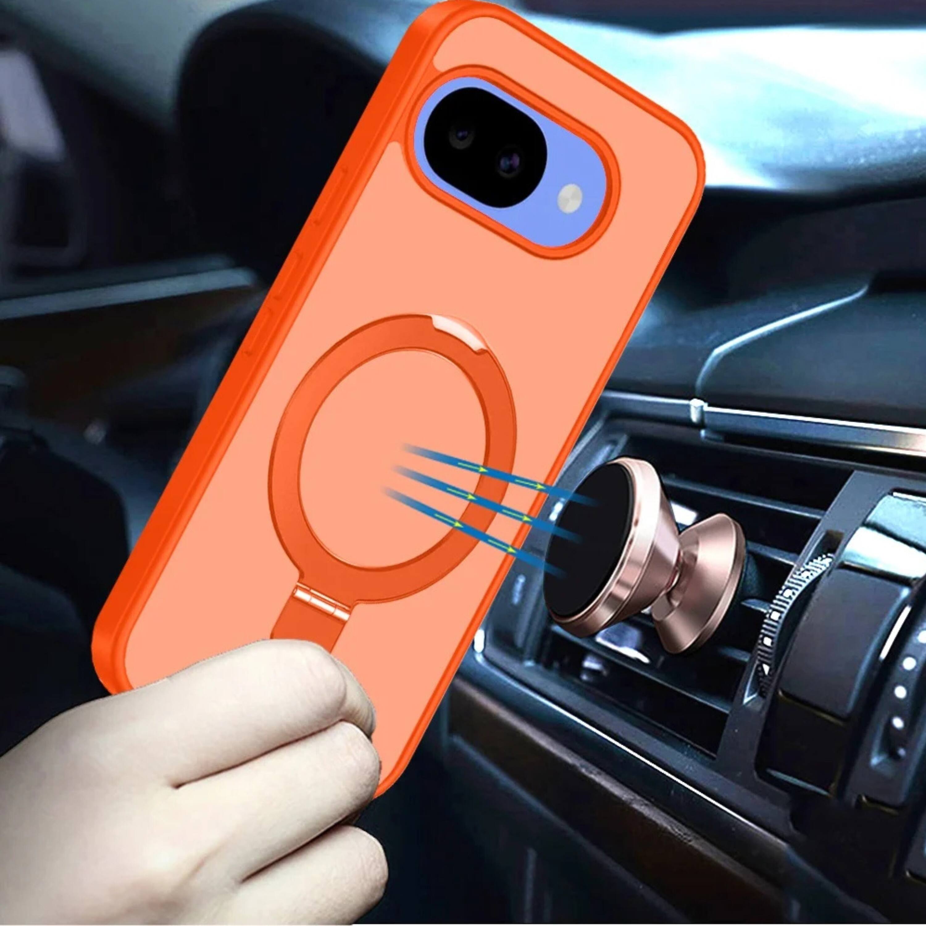 Left. Kitcheniva - Matte Finish Metal Circle Ring Stand Rugged Cover Phone Case With Tempered Glass For Google Pixel 10a Cosmic Orange - Cosmic Orange.