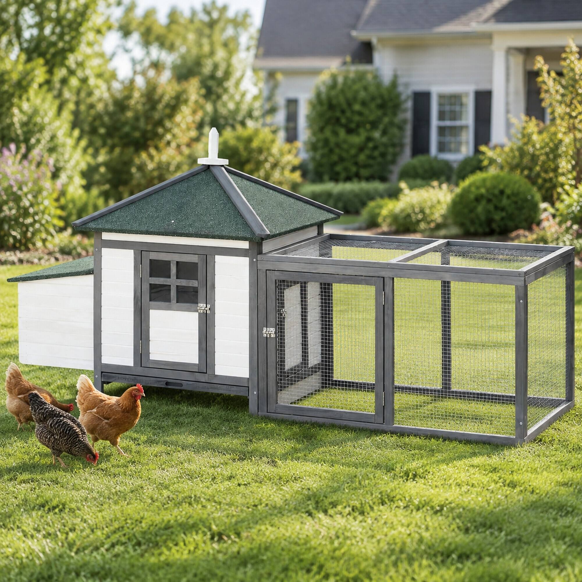 Left. RYHNUYNE - 77 in Wooden Chicken Coop, Fir Wood Hen House, Nesting Box, Removable Tray, Ramp Run, Gray.