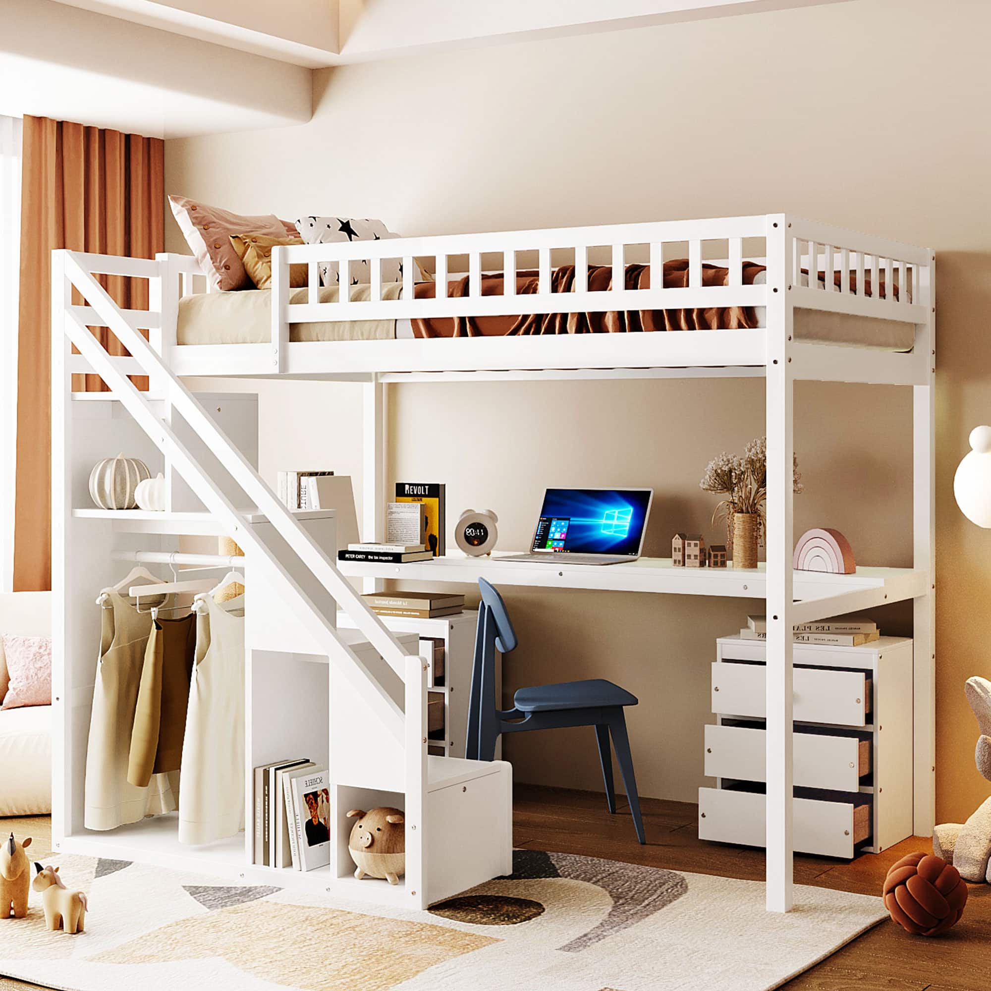 Anysun - Twin Size Loft Bed with Two Chest of Drawers, Desk and Light Strip - White