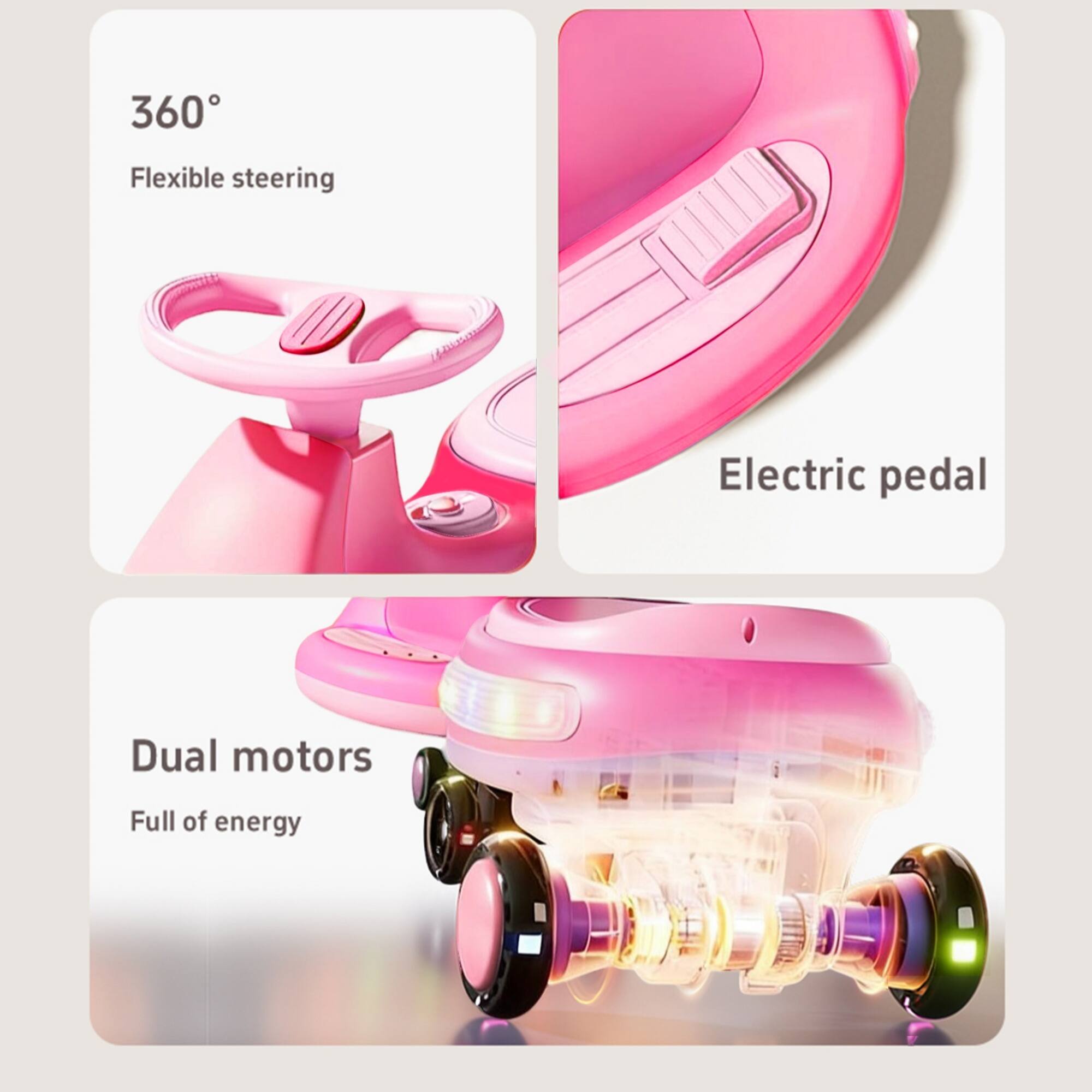 360° Flexible steering  
Electric pedal  
Dual motors Full of energy