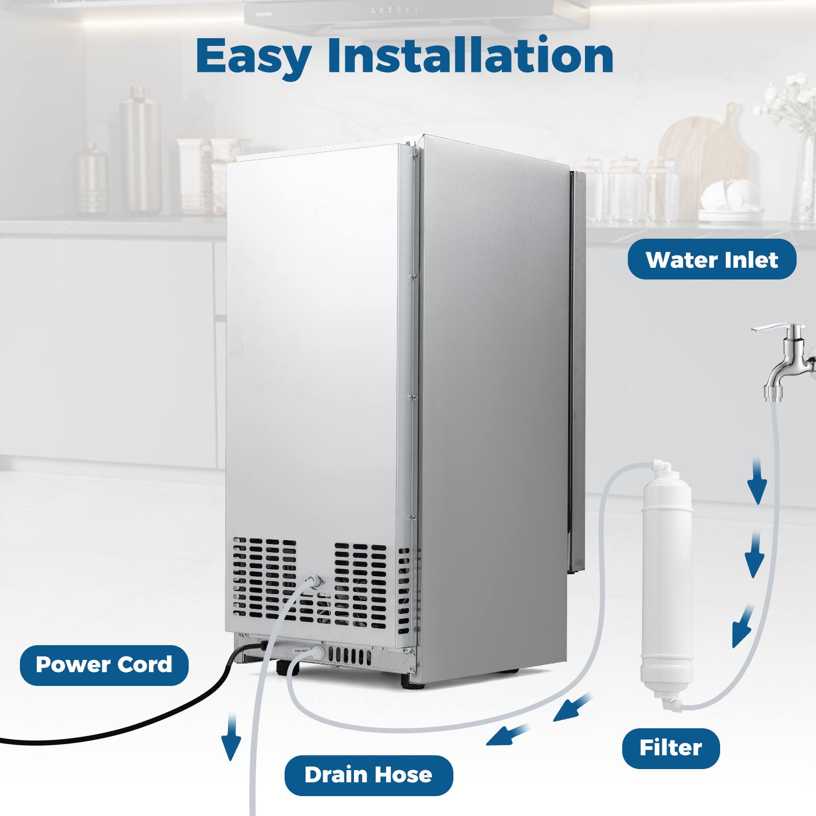 Easy Installation

- Water Inlet
- Power Cord
- Drain Hose
- Filter