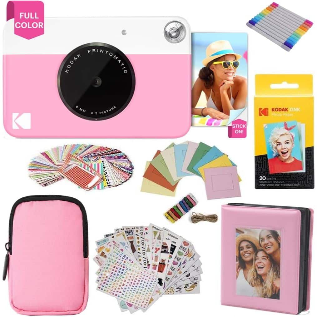 Kodak - Printomatic Instant Print Camera Gift Bundle w/ Soft Case, 20-Pack Zink Photo Paper & More - Pink
