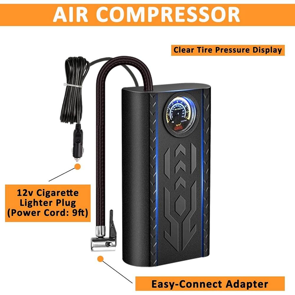 AIR COMPRESSOR

- Clear Tire Pressure Display
- 12v Cigarette Lighter Plug (Power Cord: 9ft)
- Easy-Connect Adapter
