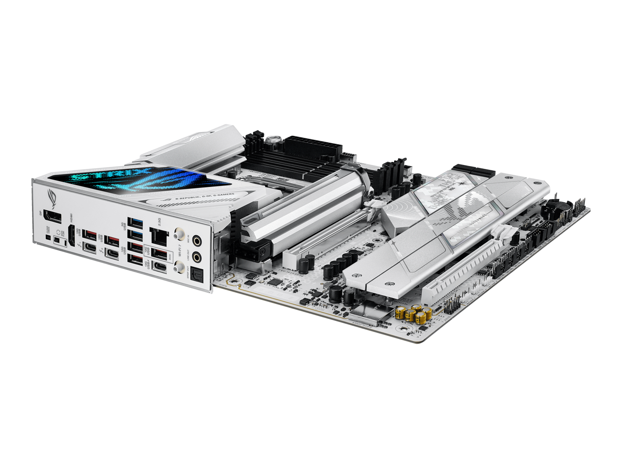 The text on the image appears to be a mix of characters and symbols that are not clearly readable. However, based on the context of the image, which shows a computer motherboard, I can provide a general idea of what might be on it. Typically, a motherboard will have labels for various ports and components, such as:

- USB ports
- Ethernet port
- Audio jacks
- PCIe slots
- RAM slots
- CPU socket
- Power connectors
- SATA ports
- BIOS/UEFI information

If you can provide a clearer or more detailed image, I might be able to help identify specific labels or text.