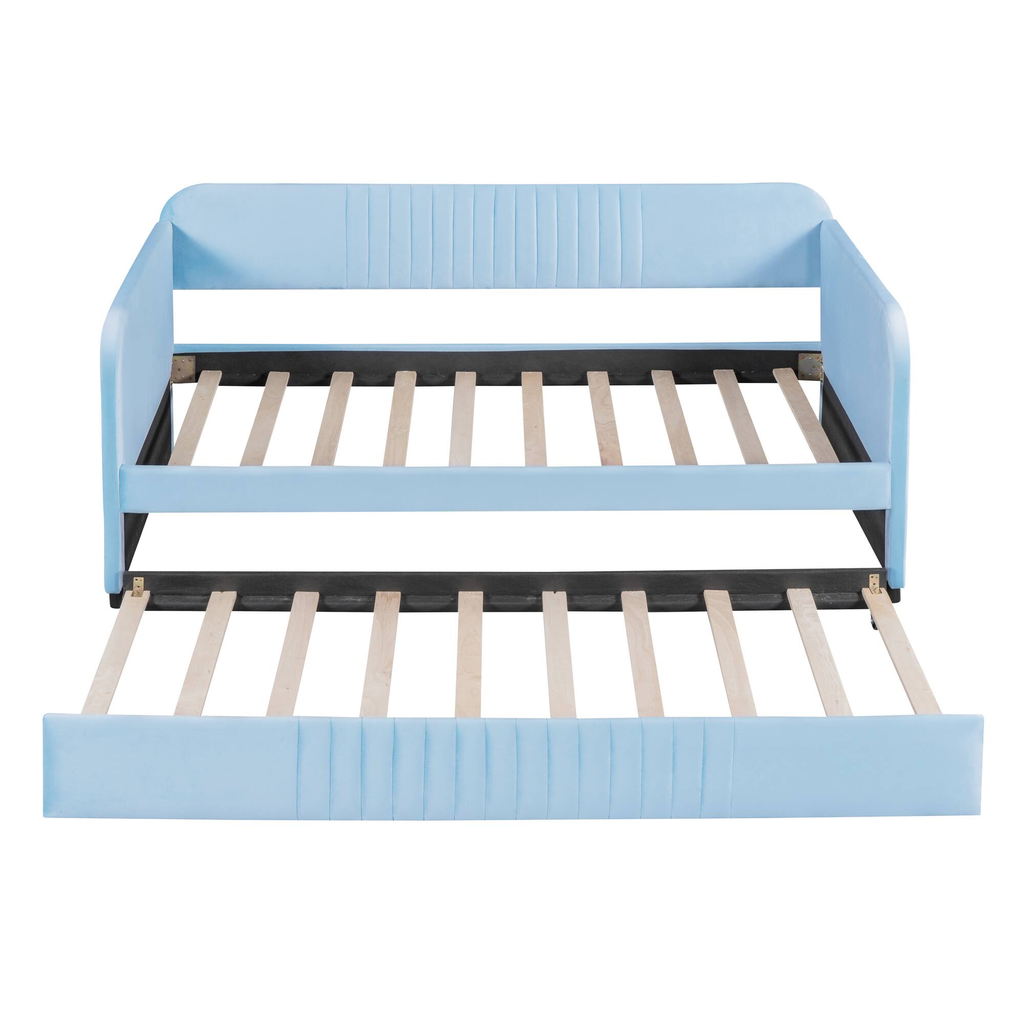 Back. Tiramisubest - Upholstered Daybed Sofa Bed Twin Size With Trundle Bed and Wood Slat, Light Blue - Light Blue.
