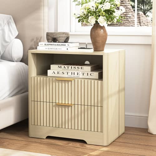 LUCKY ONE - Smart Nightstand with Charging Station Voice Night Light Storage Cabinet - Wood