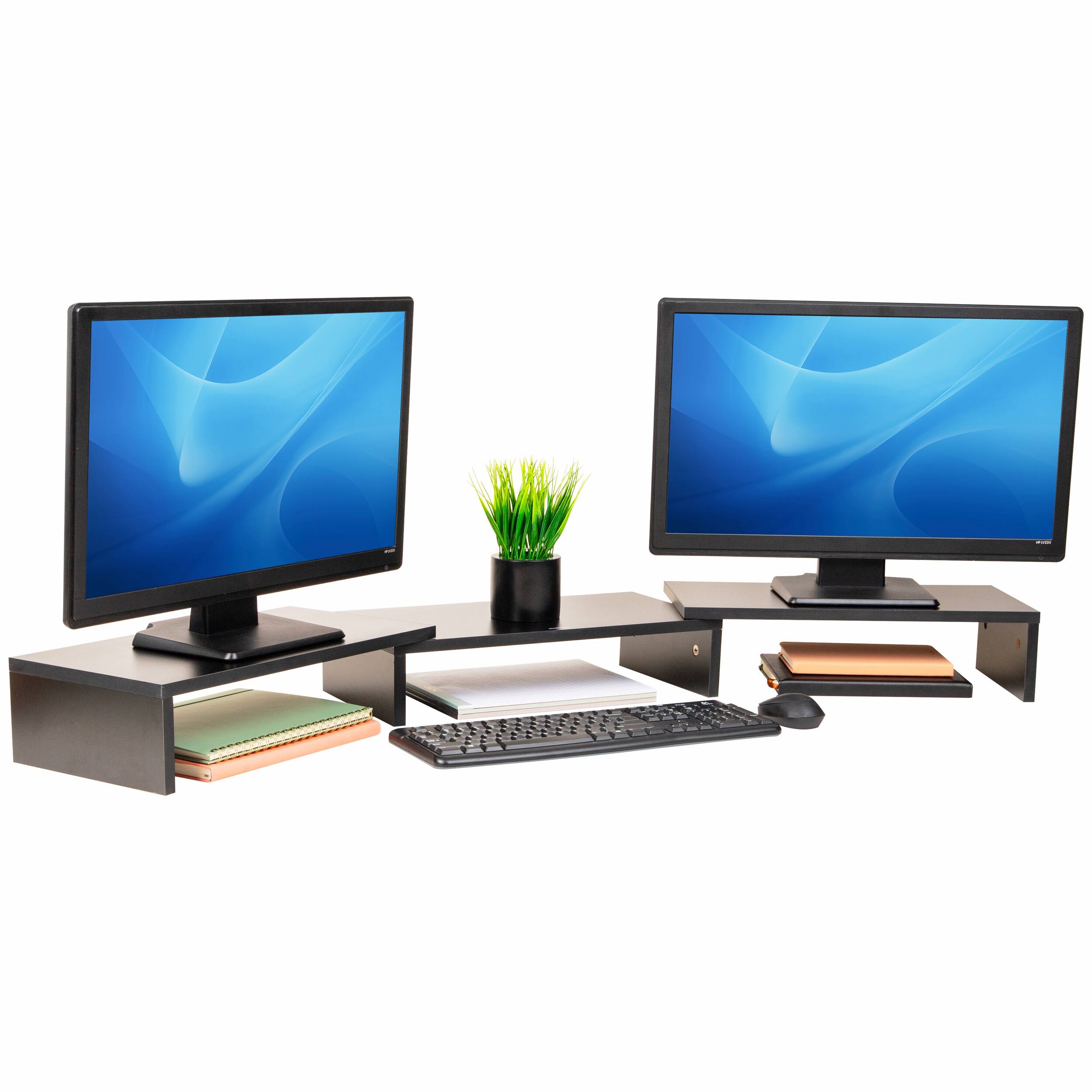 Mind Reader - Dual Monitor Stand, Adjustable MDF Desktop Riser for Laptop, Monitor, TV, Expands to 51.25" Wide - Black