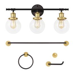 Jonathan Y - Hugo 24.5" 3-Light Classic Vanity Light with Bathroom Hardware Accessory Set, (5-Piece) - Oil Rubbed Bronze/Gold Painting