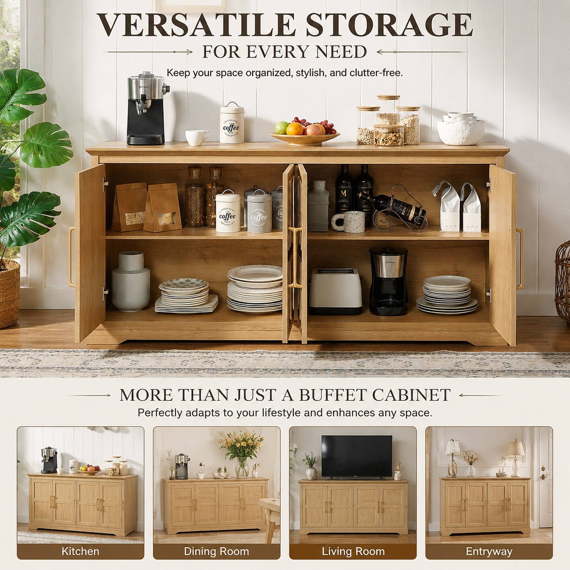VERSATILE STORAGE FOR EVERY NEED  
Keep your space organized, stylish, and clutter-free.

MORE THAN JUST A BUFFET CABINET  
Perfectly adapts to your lifestyle and enhances any space.

Kitchen  
Dining Room  
Living Room  
Entryway