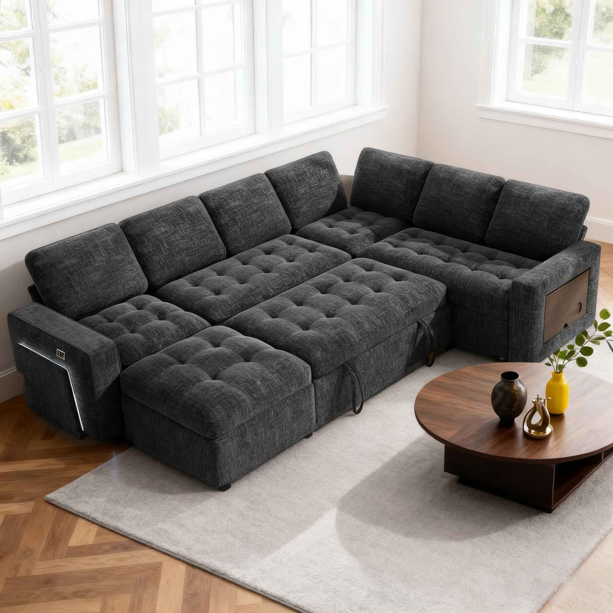 Vipbear - 7-Seat Modular Sectional Sleeper Sofa with Pull-Out Bed, Reclining Backrest, USB Ports, Table, LED Lights,Black - Black