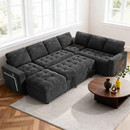 Front. Vipbear - Vipbear 7-Seat Modular Sectional Sleeper Sofa with Pull-Out Bed, Reclining Backrest, USB Ports, Table, LED Lights,Black - Black.