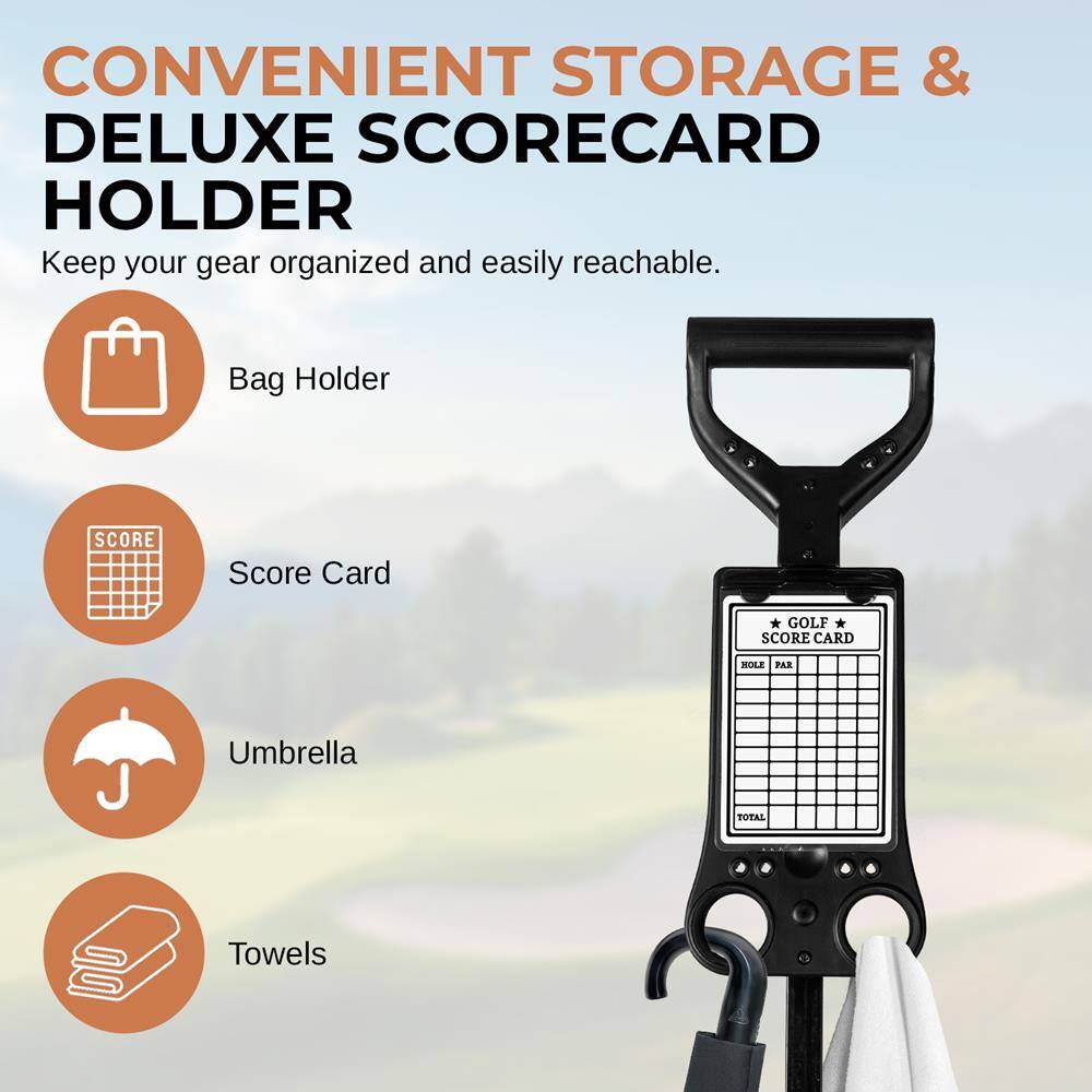 CONVENIENT STORAGE & DELUXE SCORECARD HOLDER  
Keep your gear organized and easily reachable.  

- Bag Holder  
- Score Card  
- Umbrella  
- Towels  

SCORE  
GOLF  
SCORE CARD  
HOLE PAR  
TOTAL