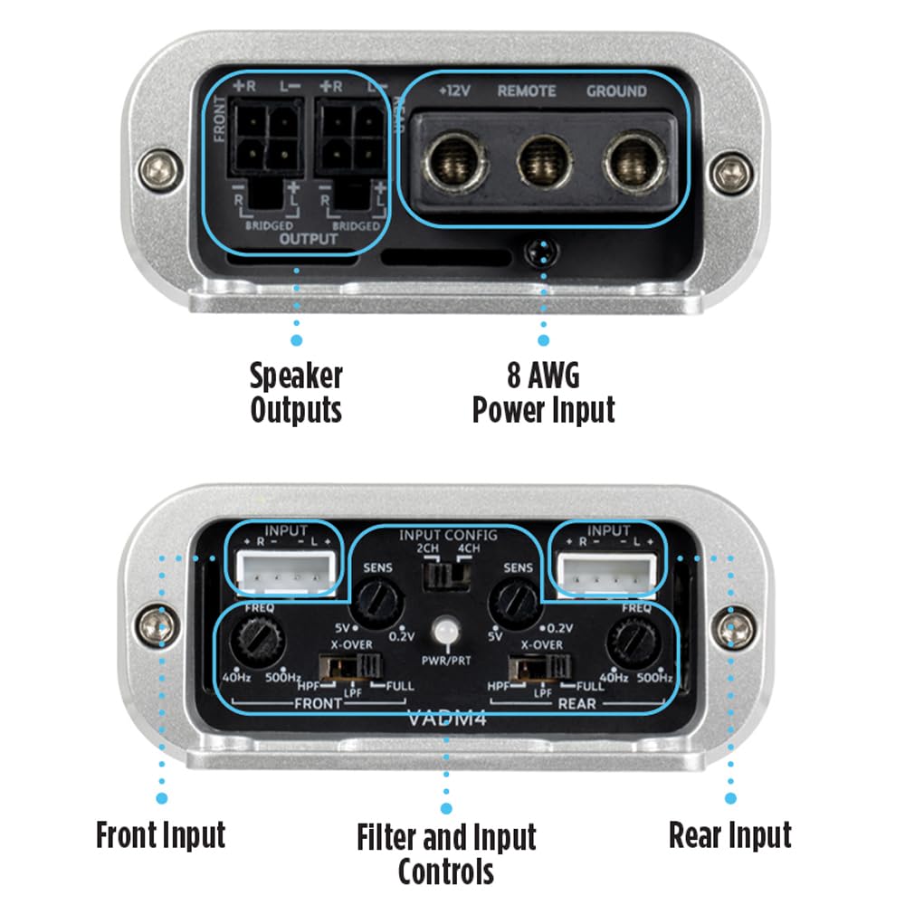 +R R FRONT L- +R +12V REMOTE GROUND R R BRIDGED BRIDGED OUTPUT Speaker Outputs 8 AWG Power Input INPUT R L INPUT CONFIG 2CH 4CH SENS SENS INPUT R L FREQ FREQ SV 0.2V 0.2V 5V X-OVER x X-OVER PWR/PRT 40Hz 500Hz 40Hz 500Hz HPF FULL HPF FULL LPF LPF FRONT REAR VADM4 Front Input Filter and Input Controls Rear Input