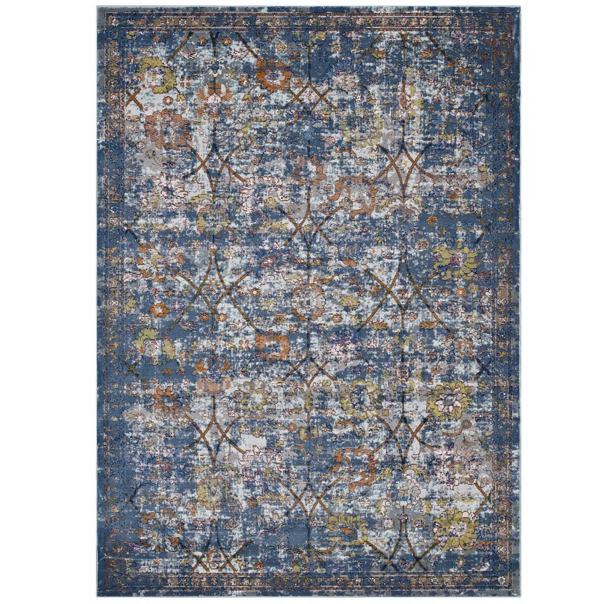 Angle. Modway - Minu Distressed Floral Lattice Area Rug - Blue Gray Yellow and Orange.