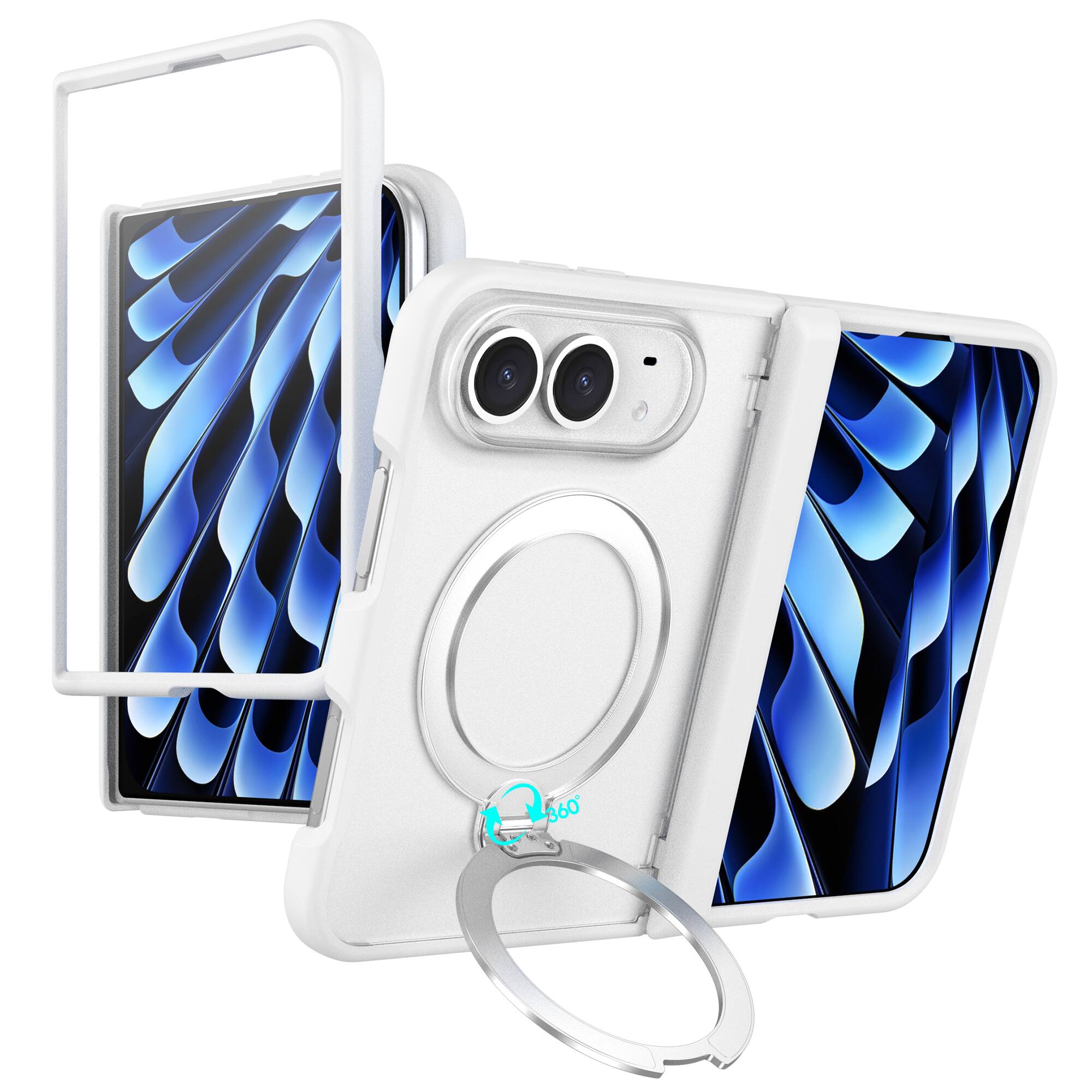 Front. Dteck - For iPhone Duo Magnetic Case Built-in Screen Protector,Shockproof Ring Stand Clear Back Hinge Protection Cover - White.
