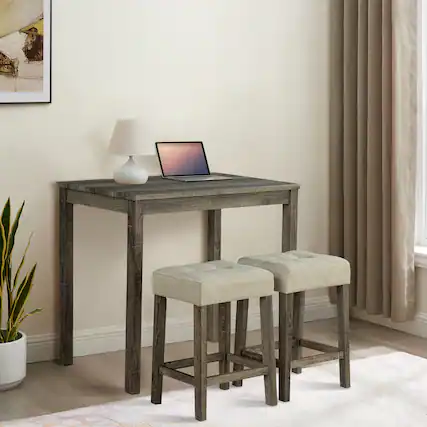 Front. Parrot Uncle - 3 Piece Dining Table with 2 Upholstered Stools Dining Set for Kitchen, Breakfast Nook and Small Apartment - Wood color.