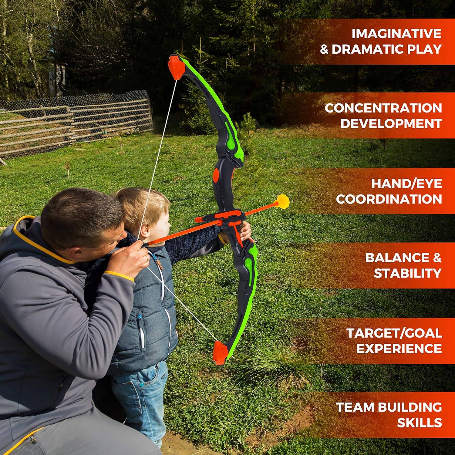 IMAGINATIVE & DRAMATIC PLAY, CONCENTRATION DEVELOPMENT, HAND/EYE COORDINATION, BALANCE & STABILITY, TARGET/GOAL EXPERIENCE, TEAM BUILDING SKILLS