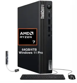 Lenovo - Upgraded - ThinkCentre M75q Mini Desktop (Ryzen 7 PRO 8700GE, 64GB, 4TB SSD, WiFi 6,BT 5.2, Win 11 Pro) w/USB Hub - Black
