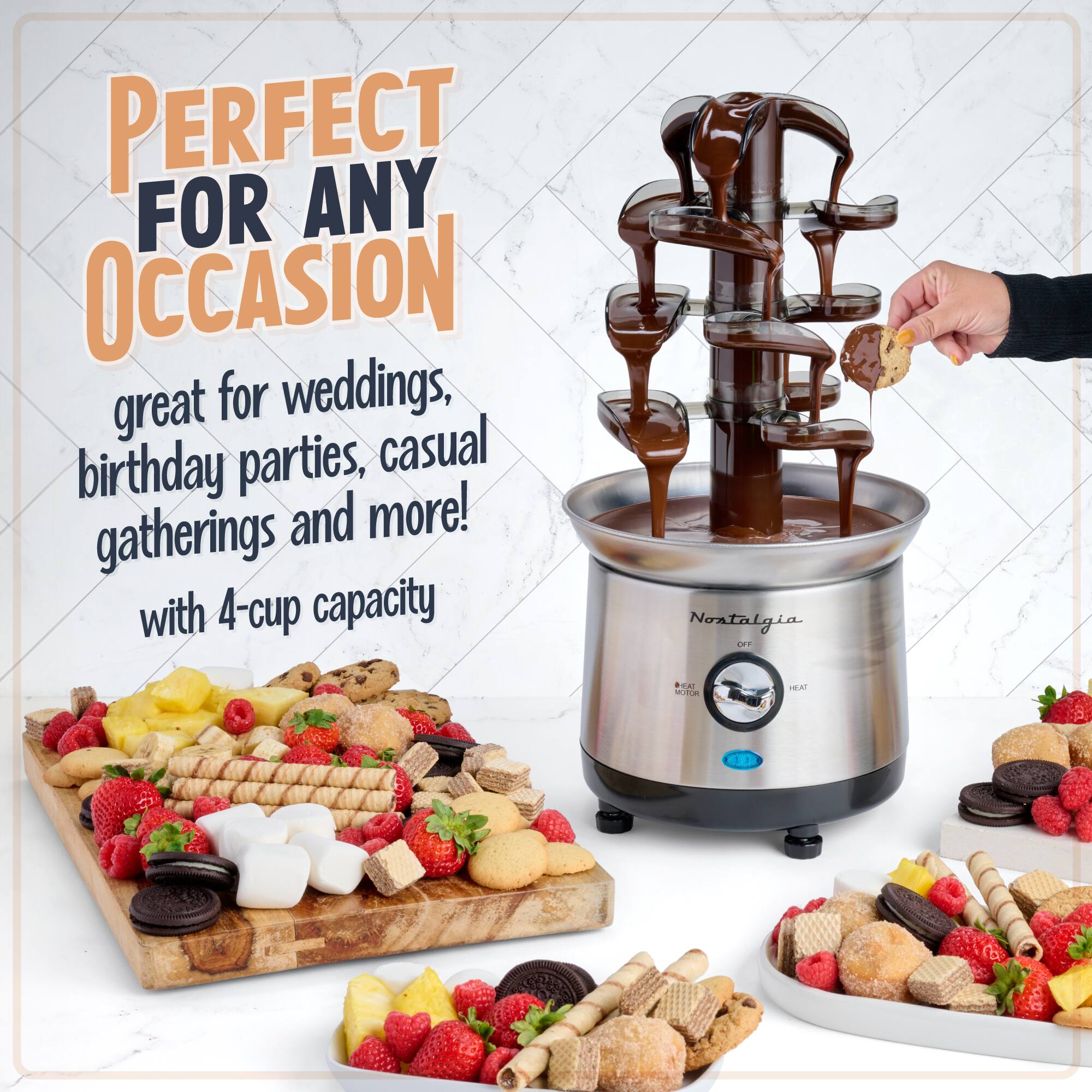 PERFECT FOR ANY OCCASION  
great for weddings, birthday parties, casual gatherings and more!  
with 4-cup capacity  

Nostalgia LT E a WA 10