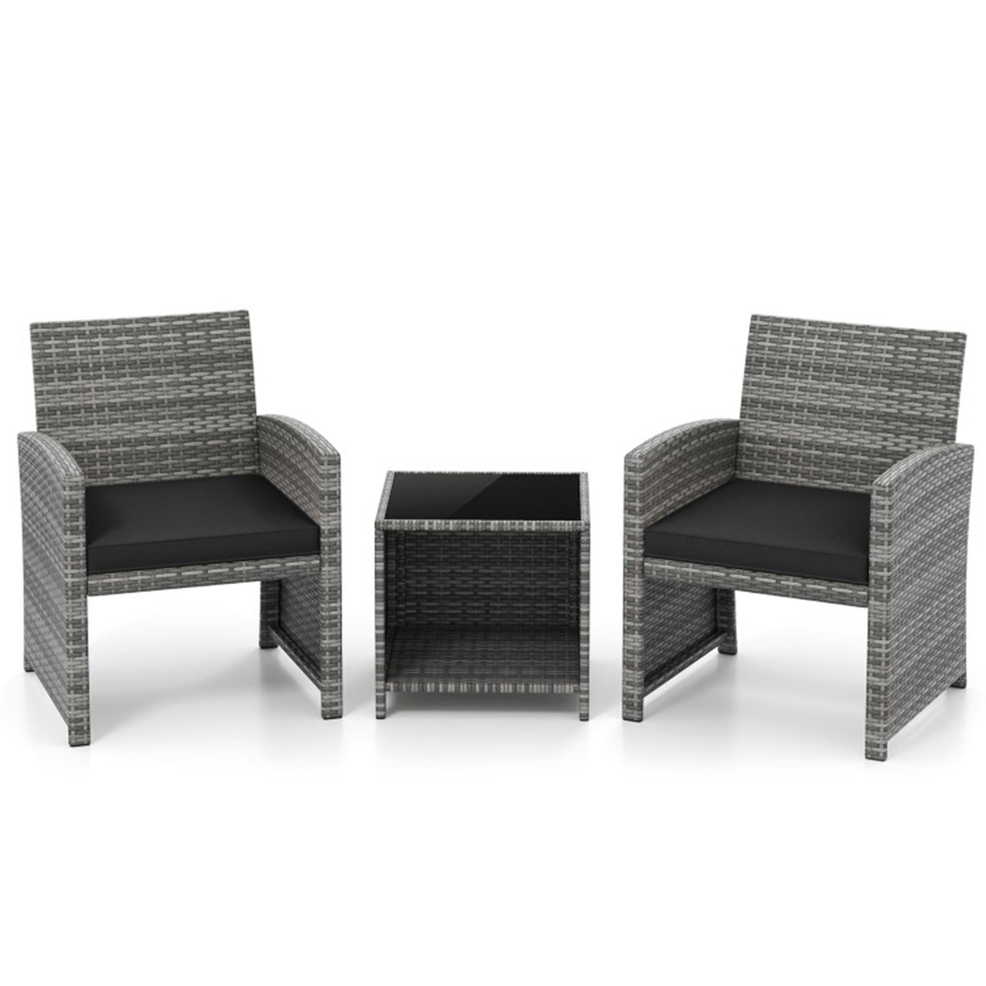Front. Boyel Living - Gray 3 Pieces Patio Furniture Set with Tempered Glass Coffee Table and Soft Seat Cushions 31-in L x 25-in W x 23-in H - Gray.