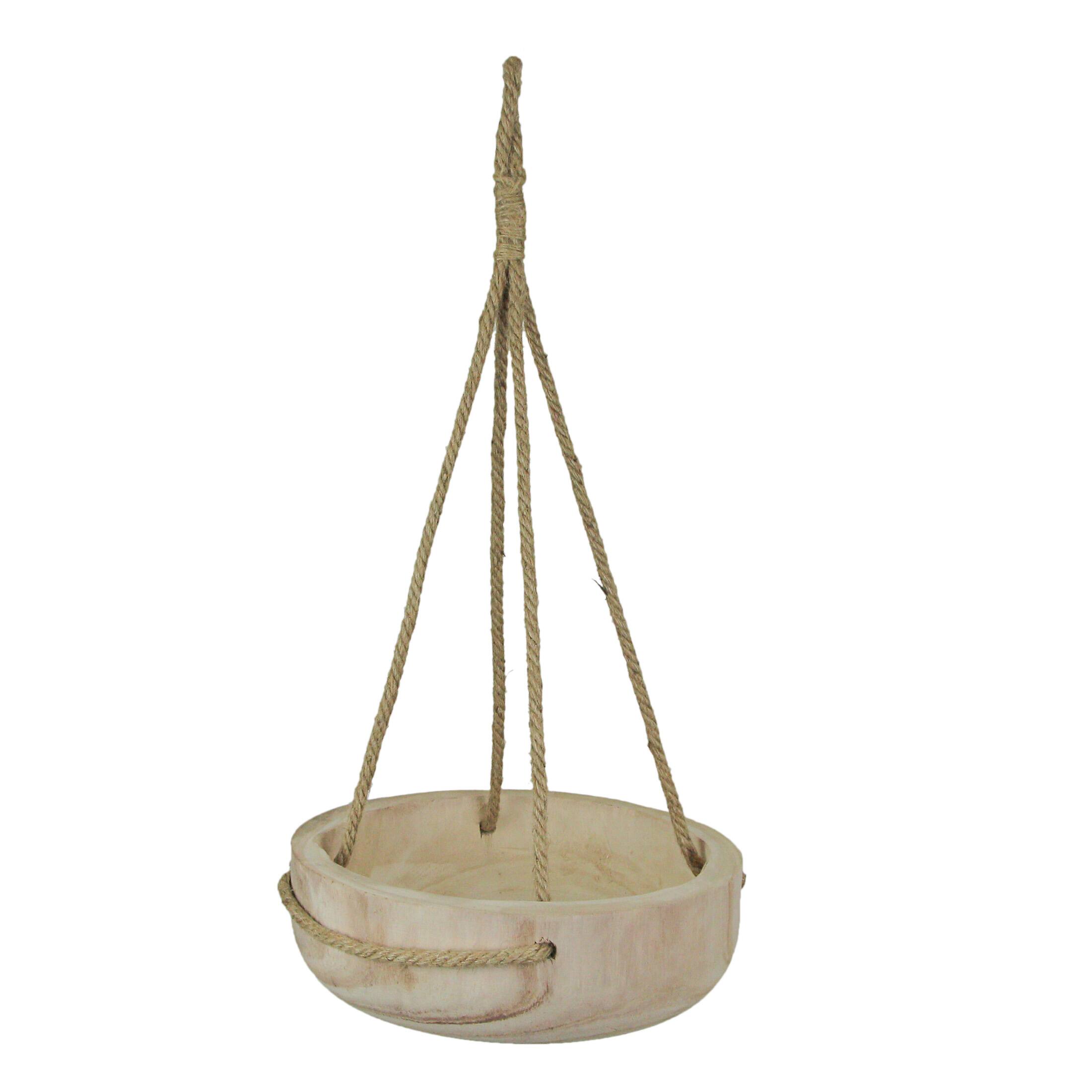 Front. Audrey's - 12 Inch Rope Hanging Wooden Bowl Planter Indoor Outdoor Succulent Pot Home Decor - Brown.