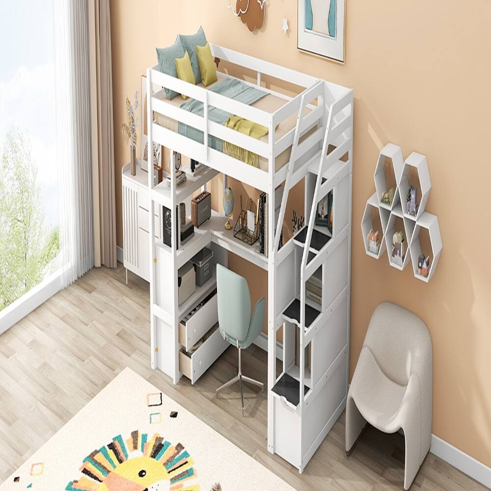 Alt View 1. Loheer - Loheer Twin Loft Bed with Desk Shelves Storage Stairs White - White.