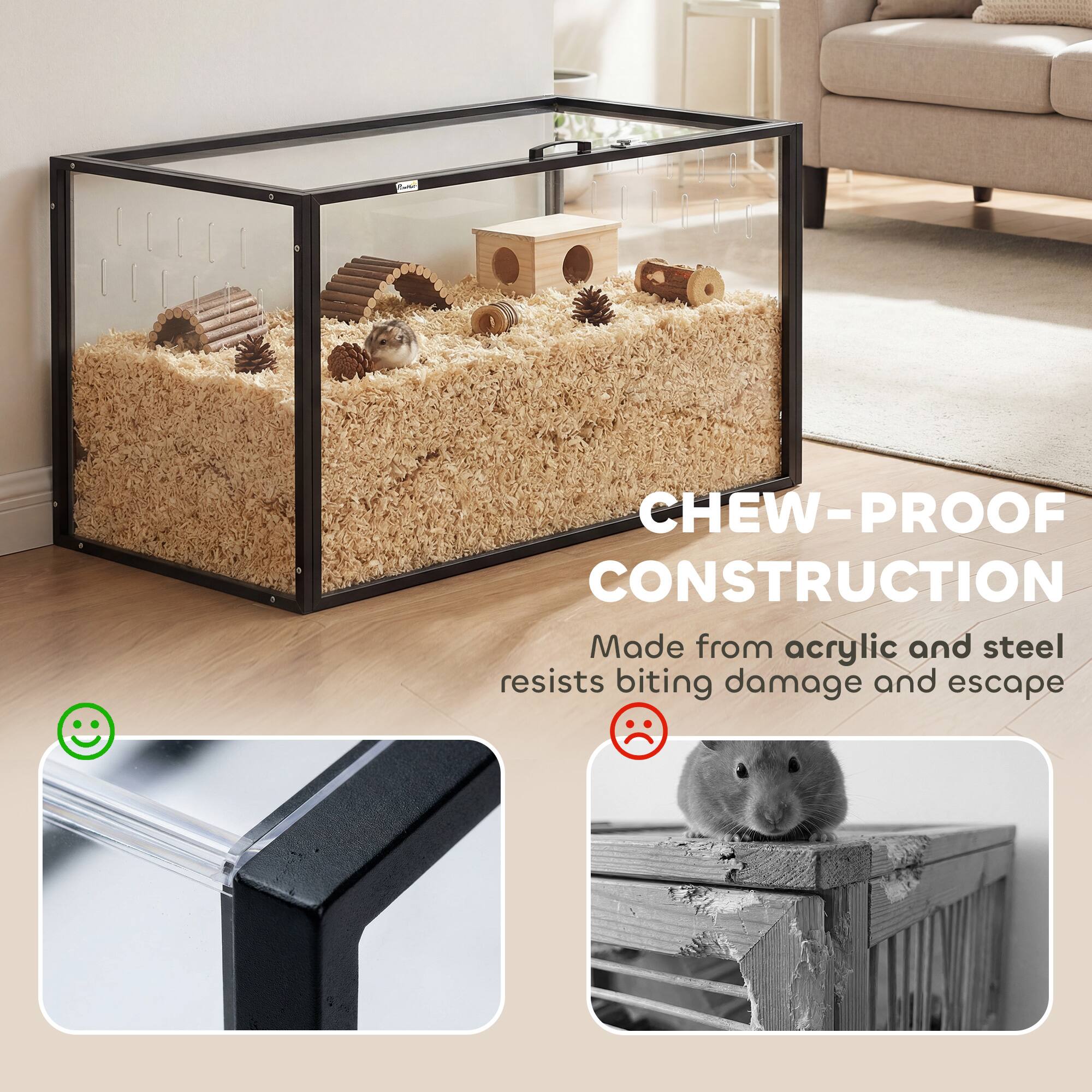 CHEW-PROOF CONSTRUCTION  
Made from acrylic and steel, resists biting damage and escape