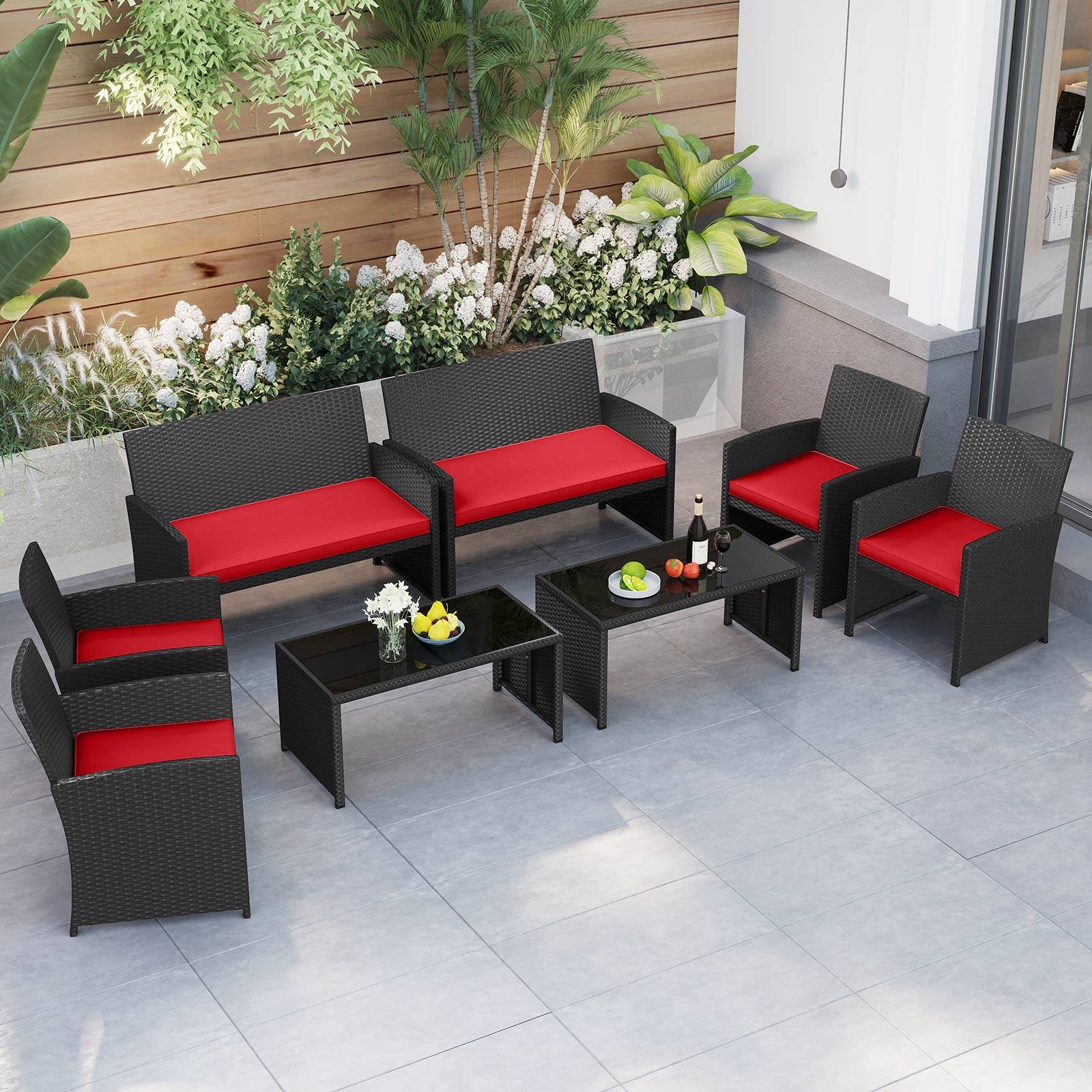 Alt View 1. Gymax - Gymax Set of 8 Patio Conversation Set w/Seat Cushions & Tempered Glass Tabletop Porch Outdoor Red - Red.