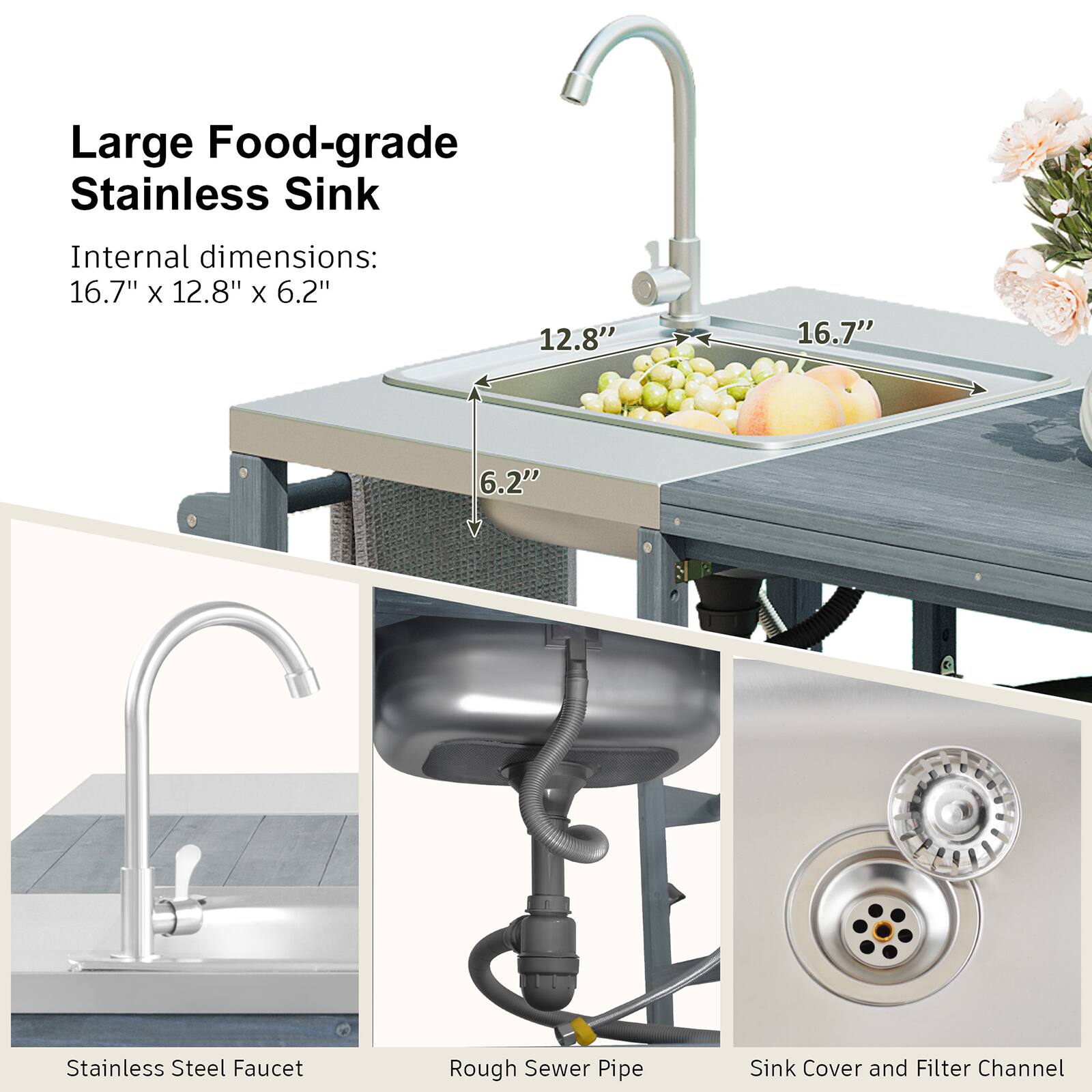 Large Food-grade Stainless Sink  
Internal dimensions: 16.7" x 12.8" x 6.2"  

Stainless Steel Faucet  
Rough Sewer Pipe  
Sink Cover and Filter Channel