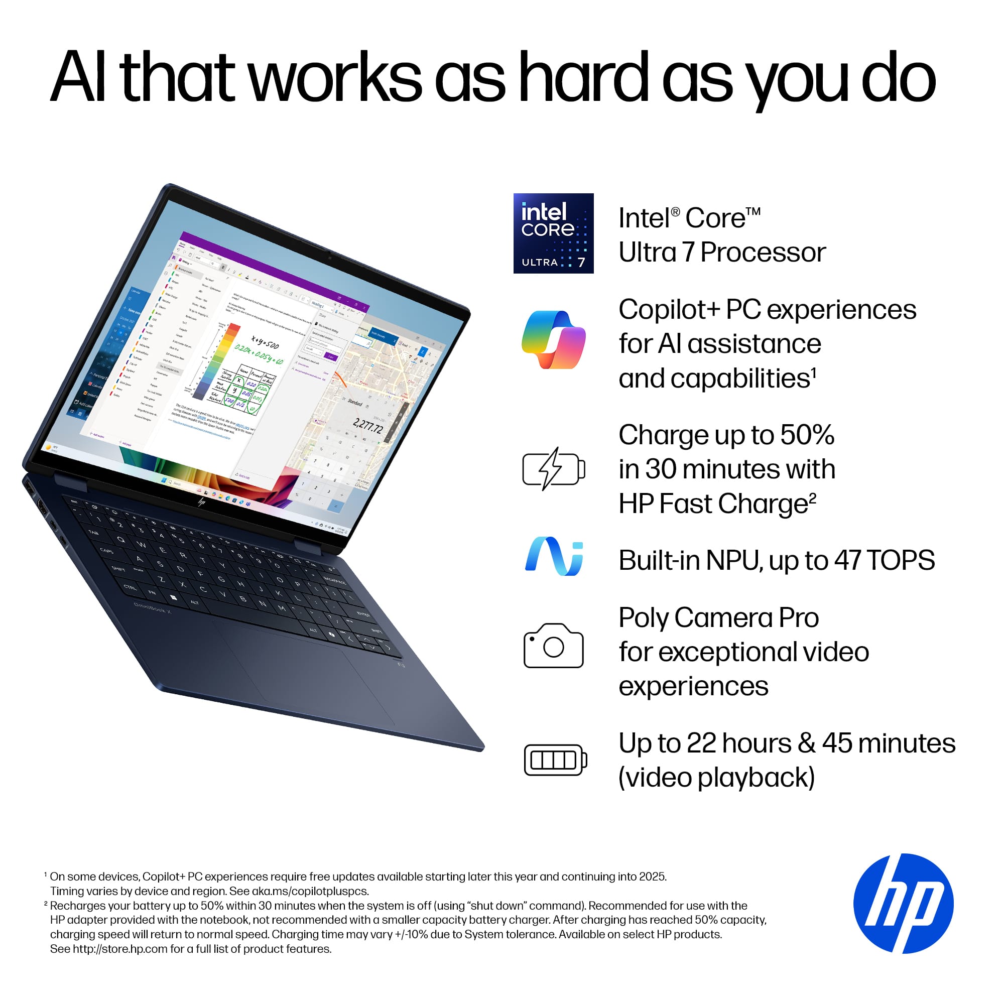Al that works as hard as you do intel CORE ULTRA 7 Intel CoreM Ultra 7 Processor 15 W & a & E . 1 . 2 a - . - V % e S 9 2.277.72 Copilot+ PC experiences for AI assistance and capabilities1 Charge up to 50% in 30 minutes with HP Fast Charge2 Built-in NPU, up to 47 TOPS Poly Camera Pro for exceptional video experiences Up to 22 hours & 45 minutes (video playback) On some devices Copilot+ PC experiences require tree updates availlable starting ater this yeur and continuing into 2025 Timing vories by device and region See ckams/copillotpluspcs echarges your battery up to 50% within 30 minutes when the system is off (using "shut down command). Recommended for Pue with the HP adapter provided with the notebook not recommended with 0 smaller capacity battery charger After charging has reached 50% copacity. charging speed will return to normal speed. Charging time may vory 1-10% due to System tolerance. Available Cn select 4 products. See <http://www.hp.com/us-en/products/laptops/intel-core-ultra-7-processor-laptops/intel-core-ultra-7-processor-ultrabook-laptop-15-w-touchscreen-intel-core-m-ultra-7-processor-laptops/intel-core-ultra-7-processor-laptops/intel-core-ultra-7-processor-laptops/intel-core-ultra-7-processor-laptops/intel-core-ultra-7-processor-laptops/intel-core-ultra-7-processor-laptops/intel-core-ultra-7-processor-laptops/intel-core-ultra-7-processor-laptops/intel-core-ultra-7-processor-laptops/intel-core-ultra-7-processor-laptops/int