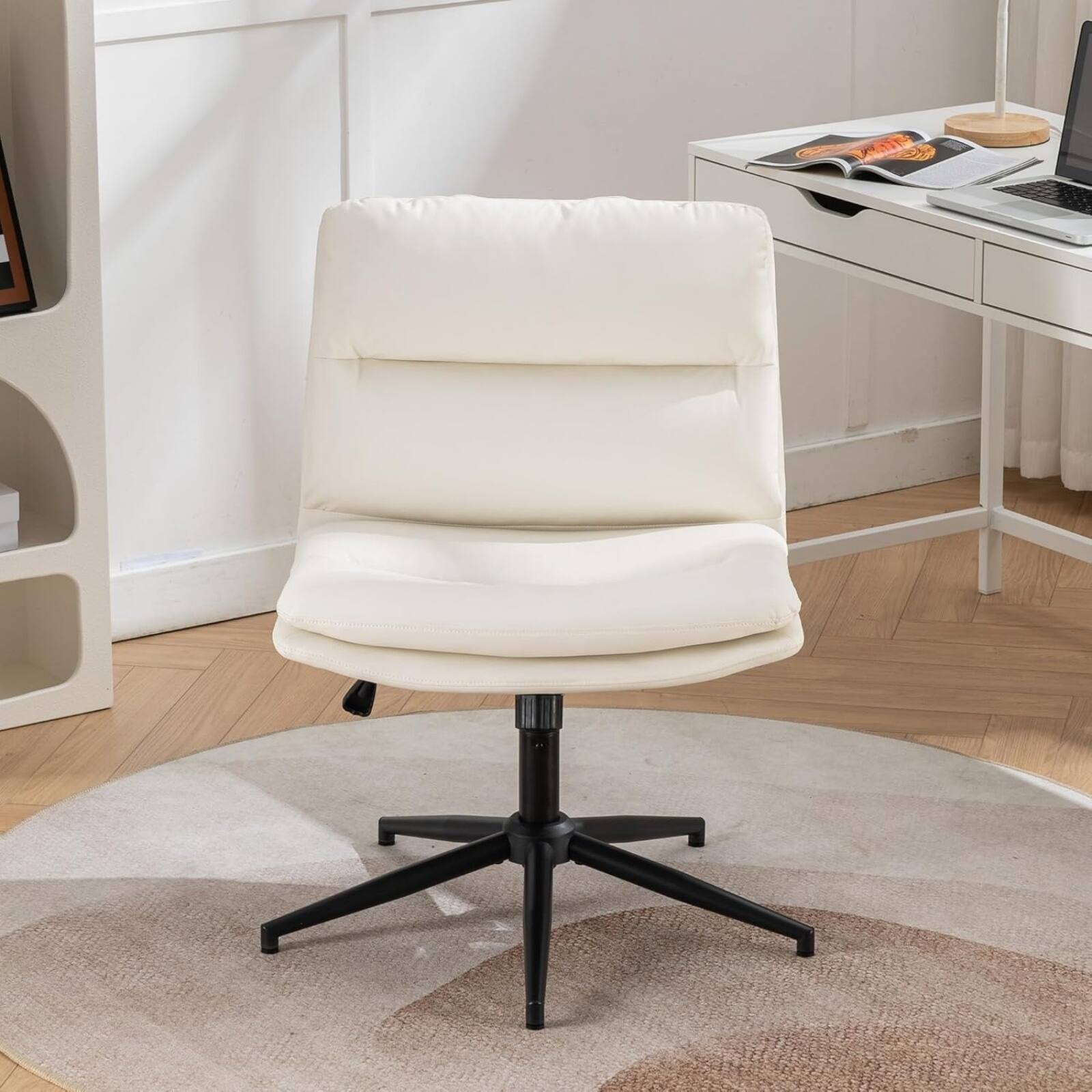 Alt View 5. HTUTWOO - Modern PU Leather Armless Office Chair, Adjustable Height & 250lbs Capacity, for Home Office & Bedroom, Wheels Included - White.