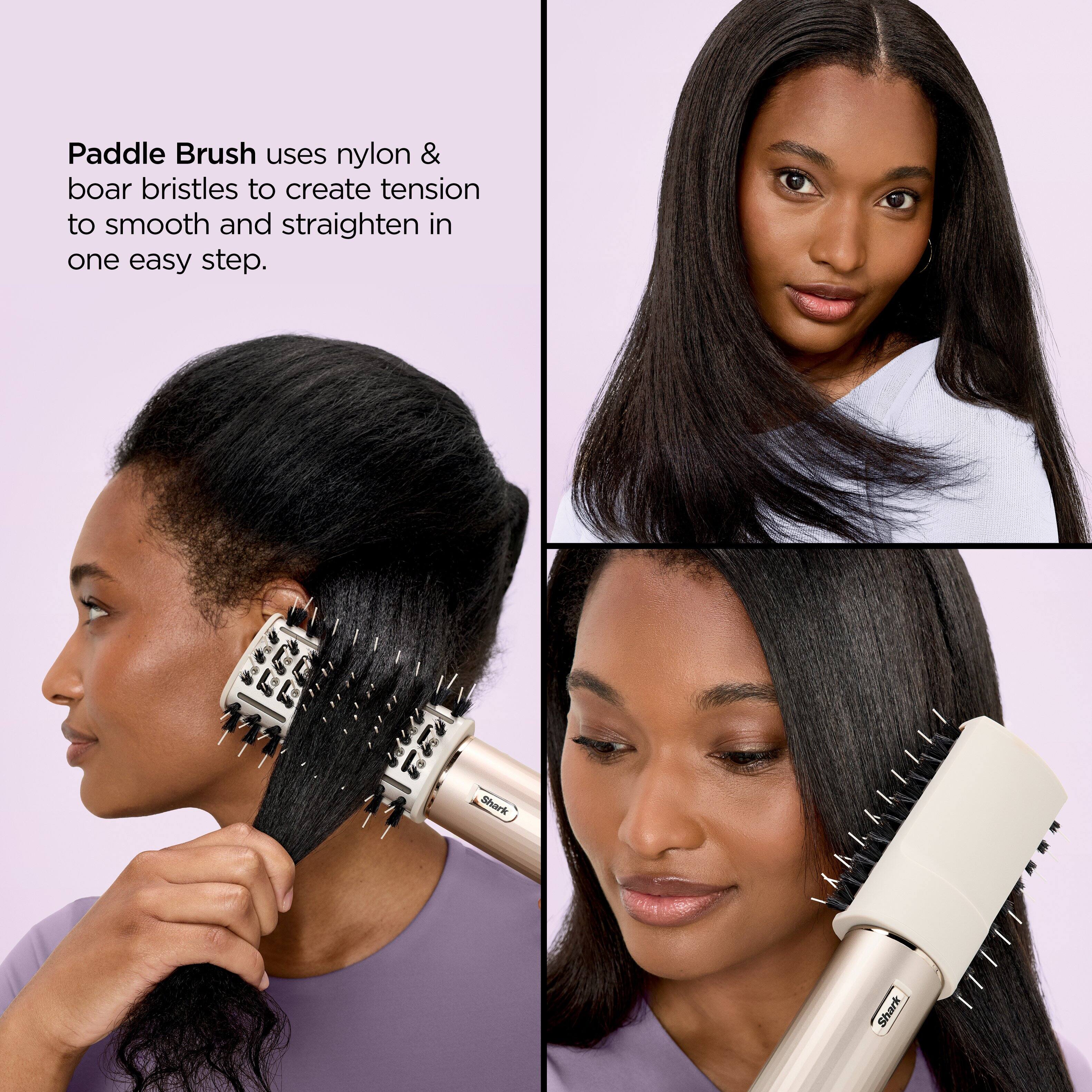Paddle Brush uses nylon & boar bristles to create tension to smooth and straighten in one easy step.