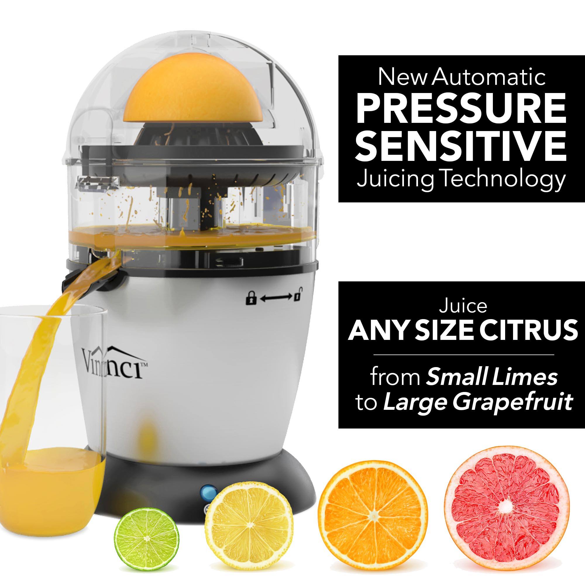New Automatic PRESSURE SENSITIVE Juicing Technology  
Juice ANY SIZE CITRUS from Small Limes to Large Grapefruit