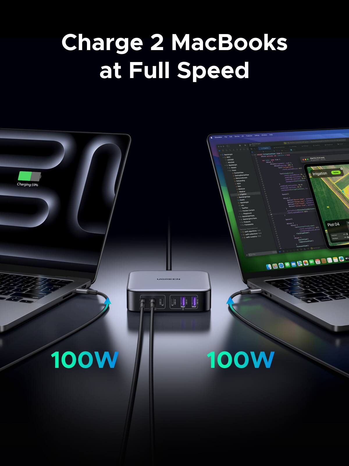 Charge 2 MacBooks at Full Speed

Charging: 59%

Irrigation

Plot: 04

100W 100W