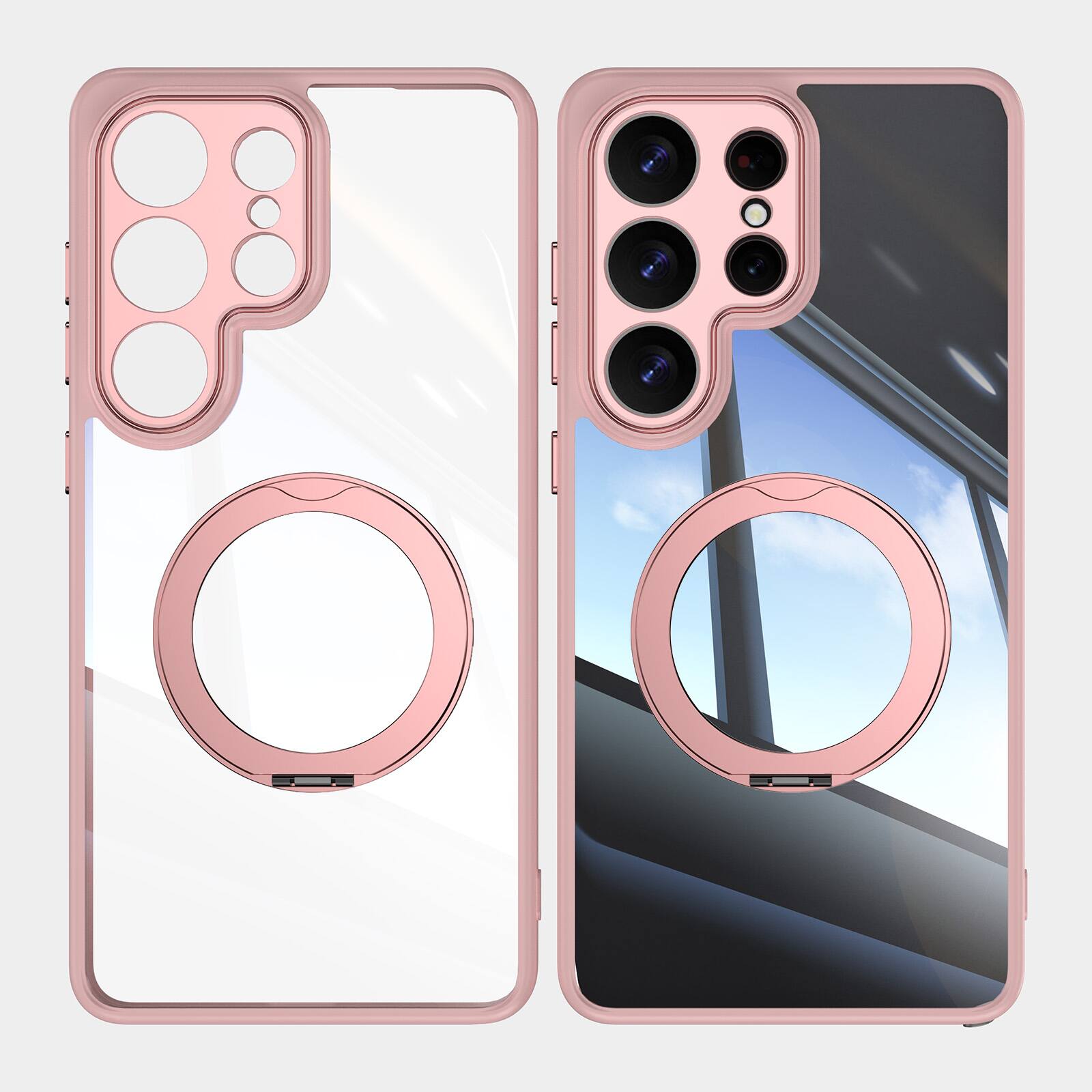Left. Dteck - Magnetic Clear Case For Samsung Galaxy S26 Ultra, Shockproof Anti-Scratch 360° Ring Holder Stand PC+TPU Protection Cover - Pink.