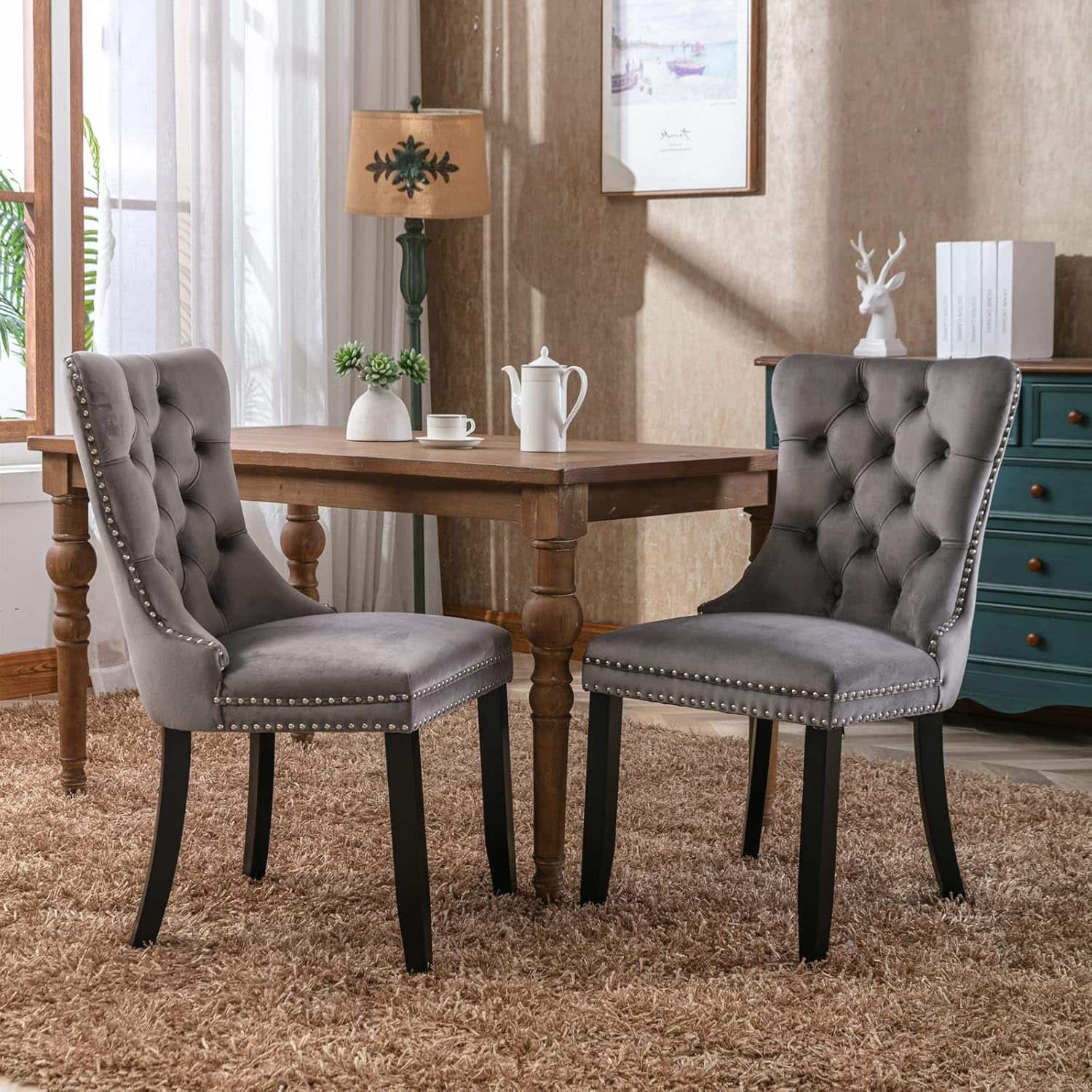 Trinkets Crazed - Velvet Dining Chairs Set of 2, Upholstered High-end Tufted Dining Room Chair with Wood Legs Nailhead Trim for Kitchen - Gray