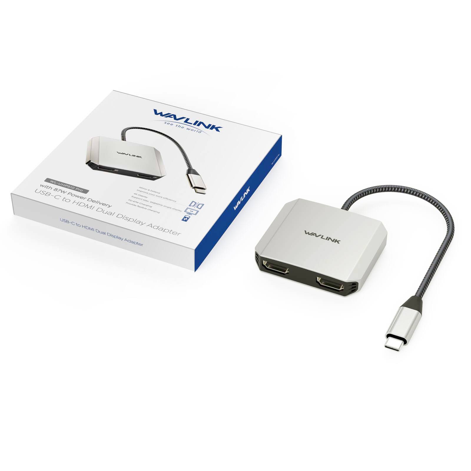 WAVLINK see the world with WL-UHPSIO 87W PIC USB-C to Power Delivery DO Dual USB-C to HDMI Display Adapter