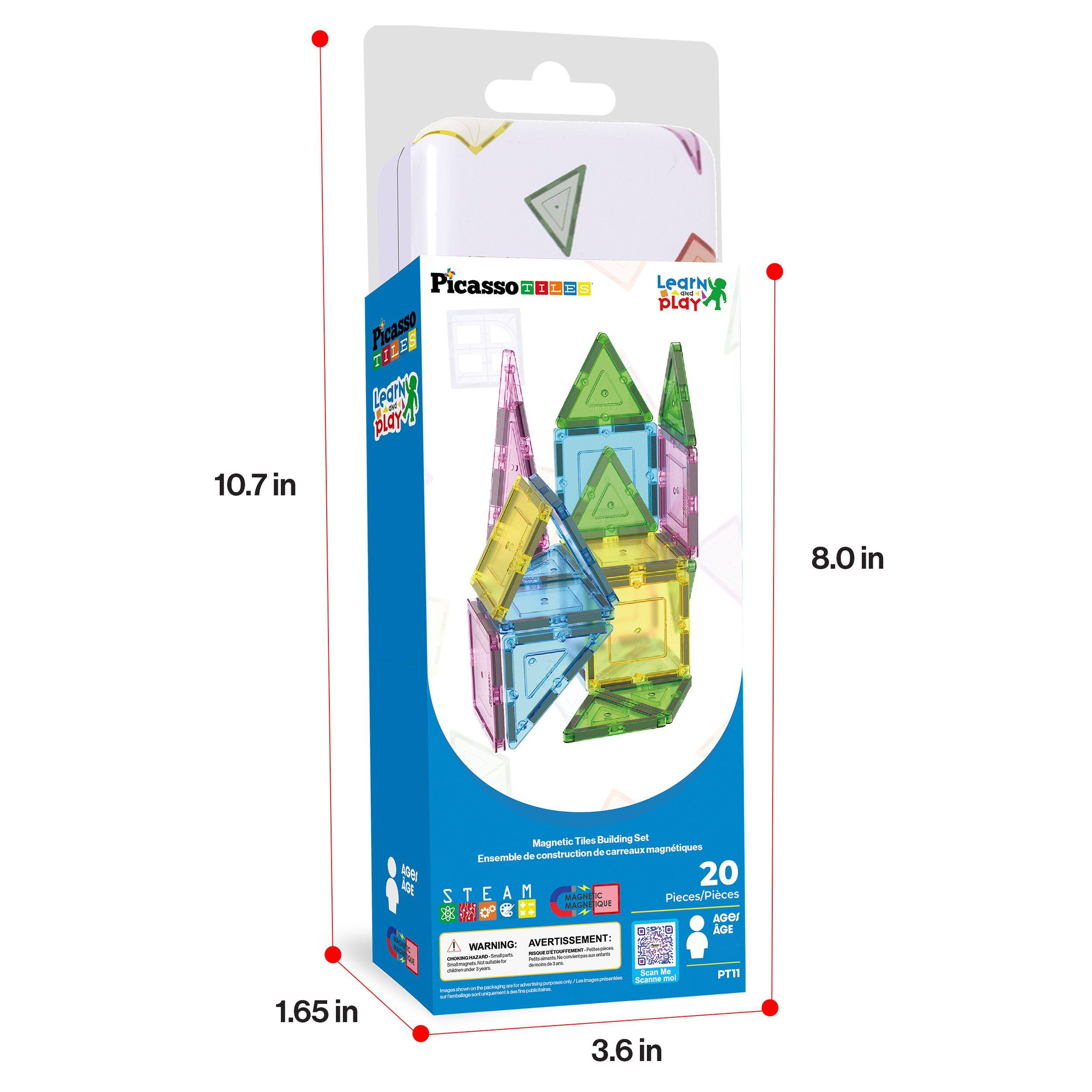 10.7 in  
Picasso Tolee LGN Ban  
Play Learn  
* Play a L  
8.0 in  
1.65 in  
Magnetic Tiles Building Set  
Ensemble de carreaux magnétiques de construction  
20 Pieces/Pièces  
STEAM  
WARNING:  
VERTISSEMENT:  
PT11  
3.6 in