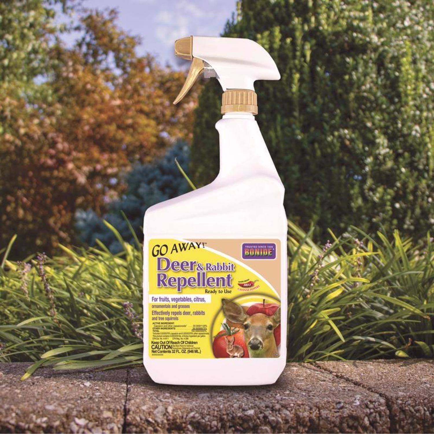 GO AWAY!  
Deer & Rabbit Repellent  
Ready to Use  

For fruits, vegetables, citrus, ornamentals and grasses  
Effectively repels deer, rabbits and other small animals  

BONIDE  

Keep Out of Reach of Children  
CAUTION  

24 FL OZ (709 ML)