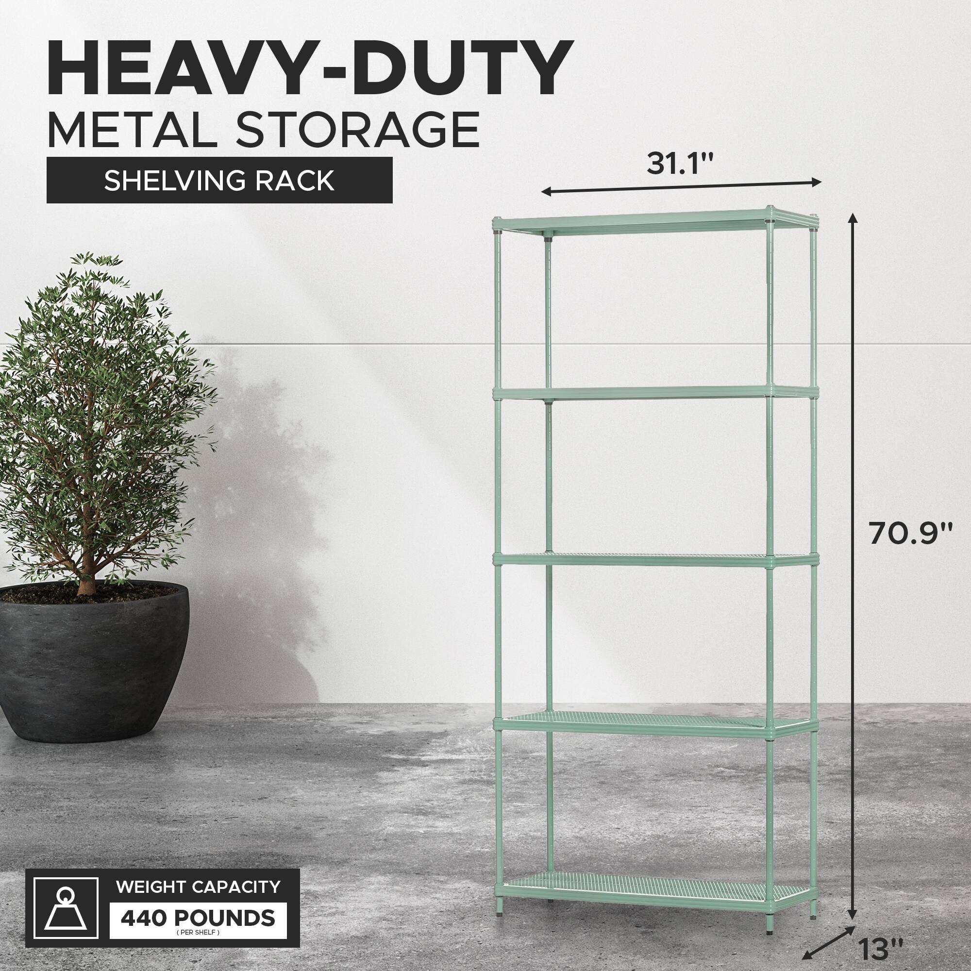 HEAVY-DUTY METAL STORAGE SHELVING RACK

- 31.1" (width)
- 70.9" (height)
- 13" (depth)

WEIGHT CAPACITY: 440 POUNDS (PER SHELF)
