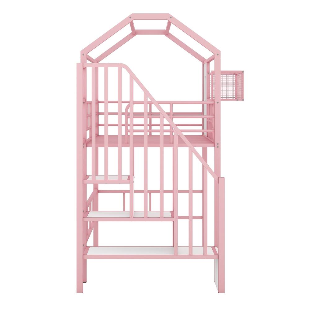 Alt View 10. Loheer - Loheer Metal Loft Bed Twin Size Pink House Bed with Storage - Pink.
