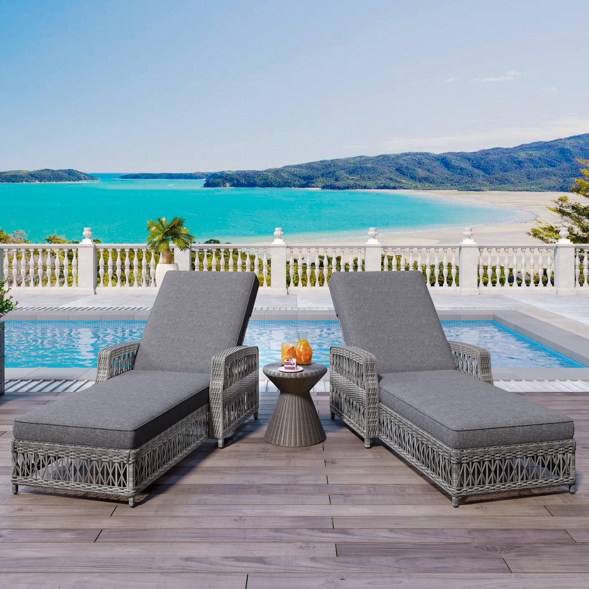 Angle. Mondawe - 2 Pieces Wicker Long Reclining Chaise Patio Adjustable Recliner with Soft Removable Cushions - Grey.